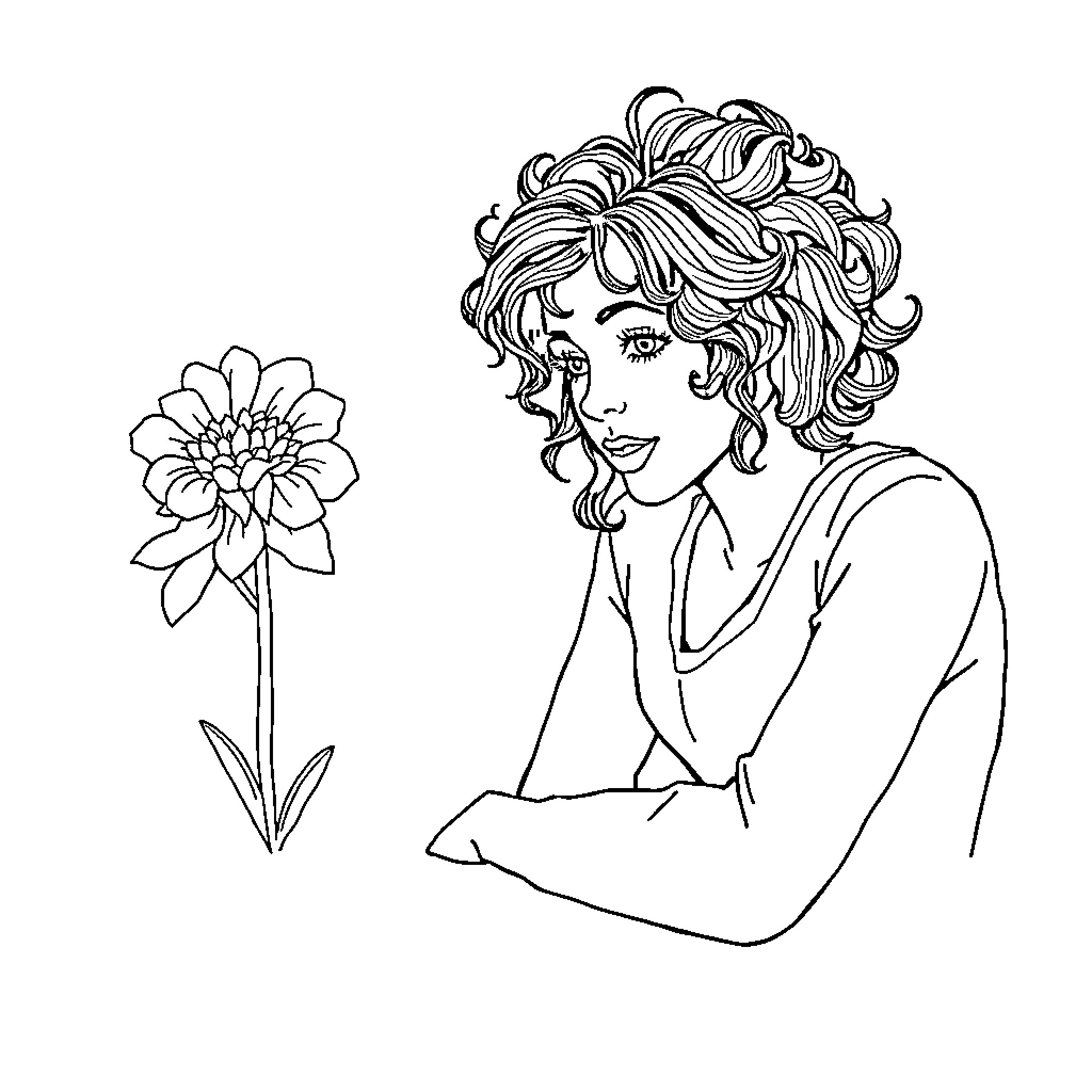 Idea of a woman gazing at a flower Coloring Page (free black-and-white line drawing printable PDF for all, from beginners to advanced learners, including children, teens, adults, and seniors)