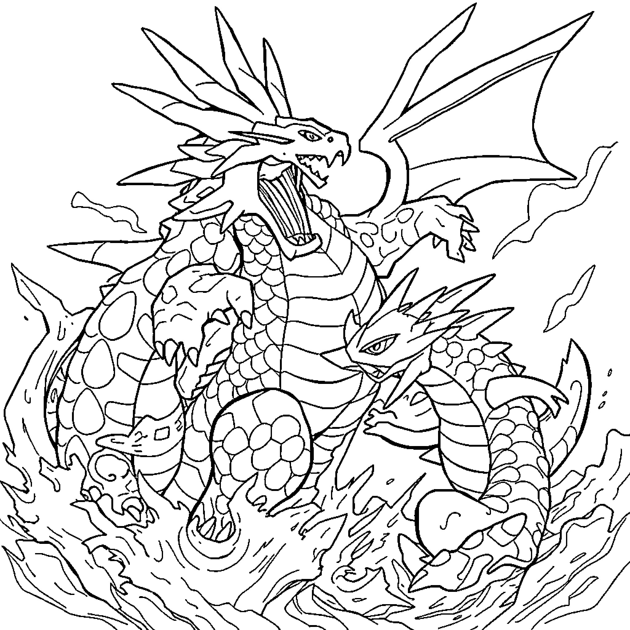 Gyarados Unleashing Powerful Attacks Coloring Page (free black-and-white line drawing printable PDF for all, from beginners to advanced learners, including children, teens, adults, and seniors)