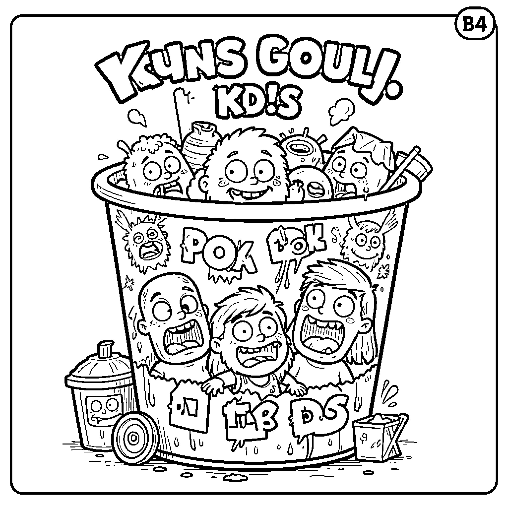 Garbage Pail Kids enjoying a box of pop tarts Coloring Page (free black-and-white line drawing printable PDF for all, from beginners to advanced learners, including children, teens, adults, and seniors)
