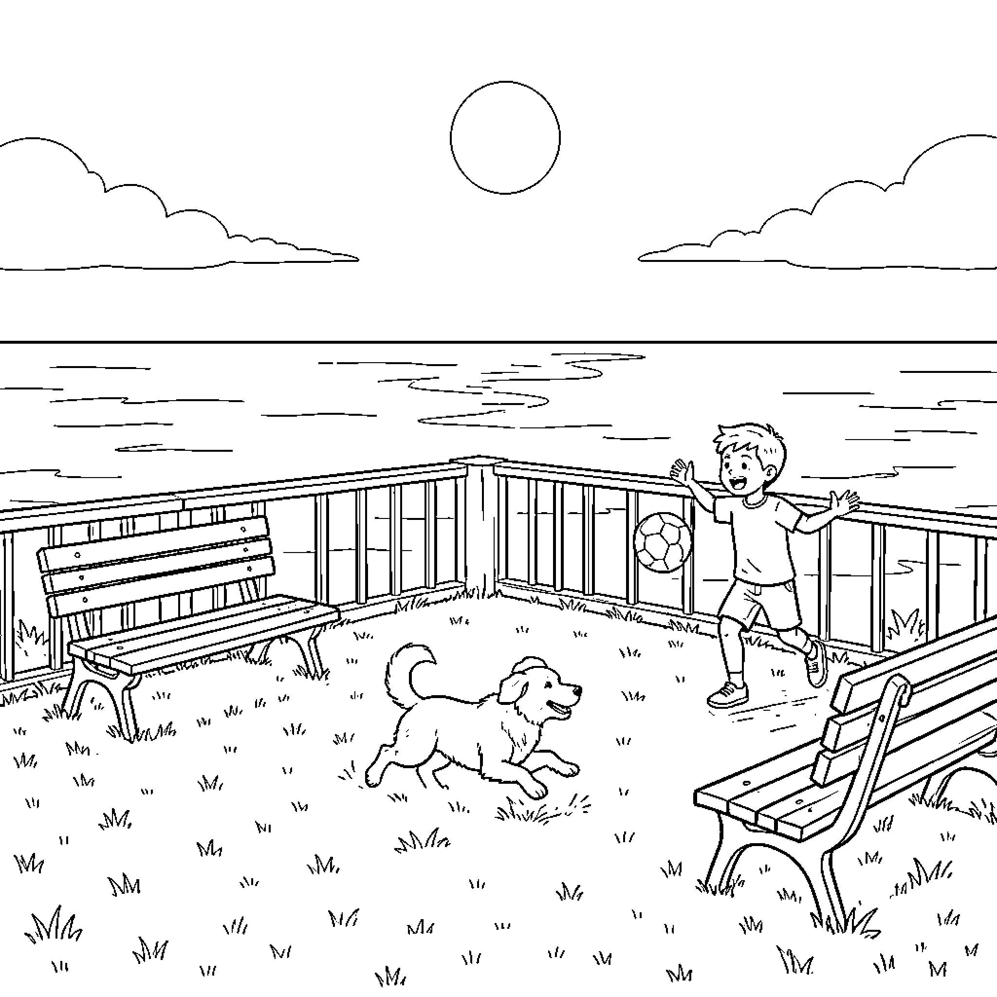 Dog running and playing with a boy Coloring Page (free black-and-white line drawing printable PDF for all, from beginners to advanced learners, including children, teens, adults, and seniors)
