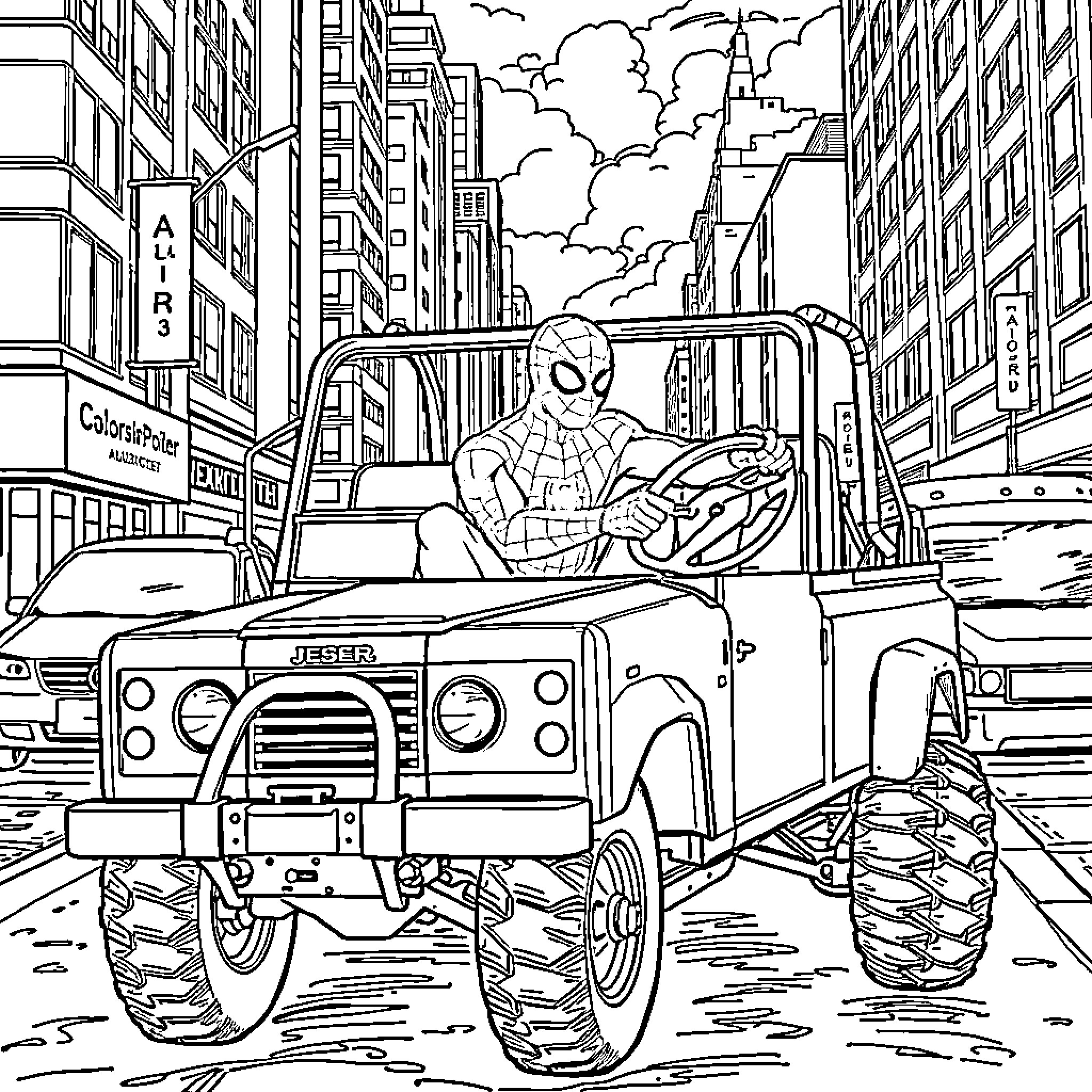 Spiderman driving a jeep through the city Coloring Page (free black-and-white line drawing printable PDF for all, from beginners to advanced learners, including children, teens, adults, and seniors)