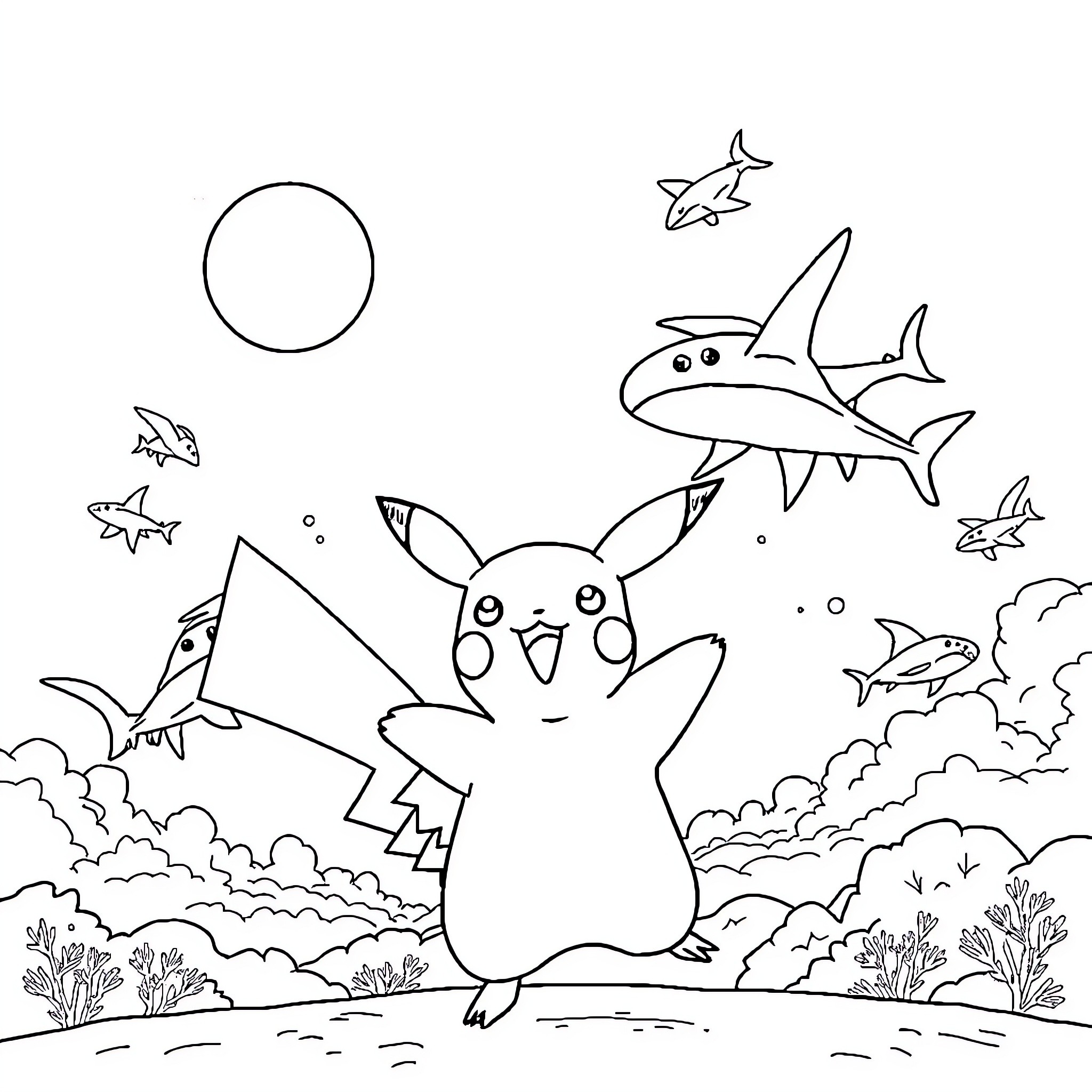 Pikachu enjoying an underwater adventure with sharks Coloring Page (free black-and-white line drawing printable PDF for all, from beginners to advanced learners, including children, teens, adults, and seniors)