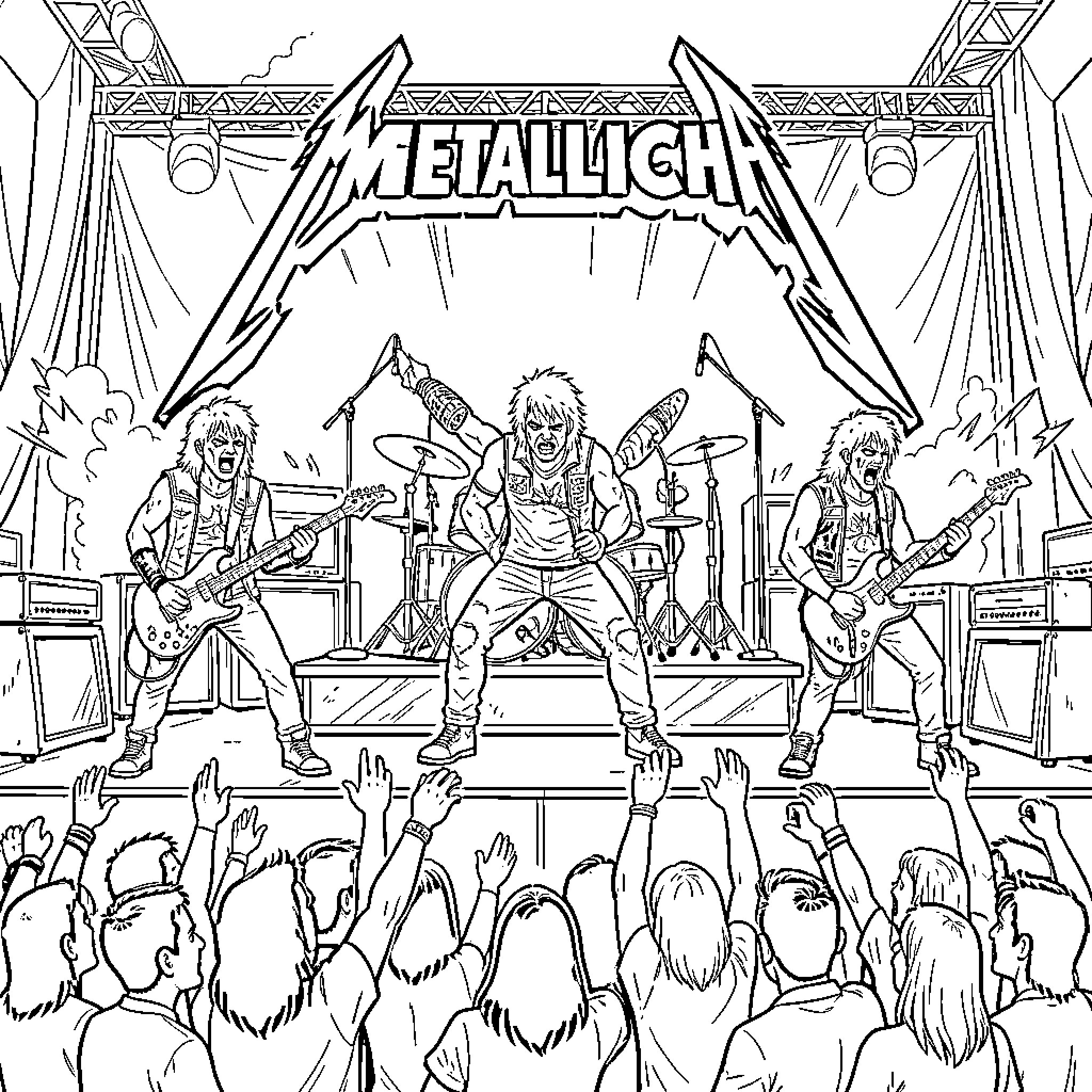 Metallica performing energetically on stage before a cheering crowd Coloring Page (free black-and-white line drawing printable PDF for all, from beginners to advanced learners, including children, teens, adults, and seniors)