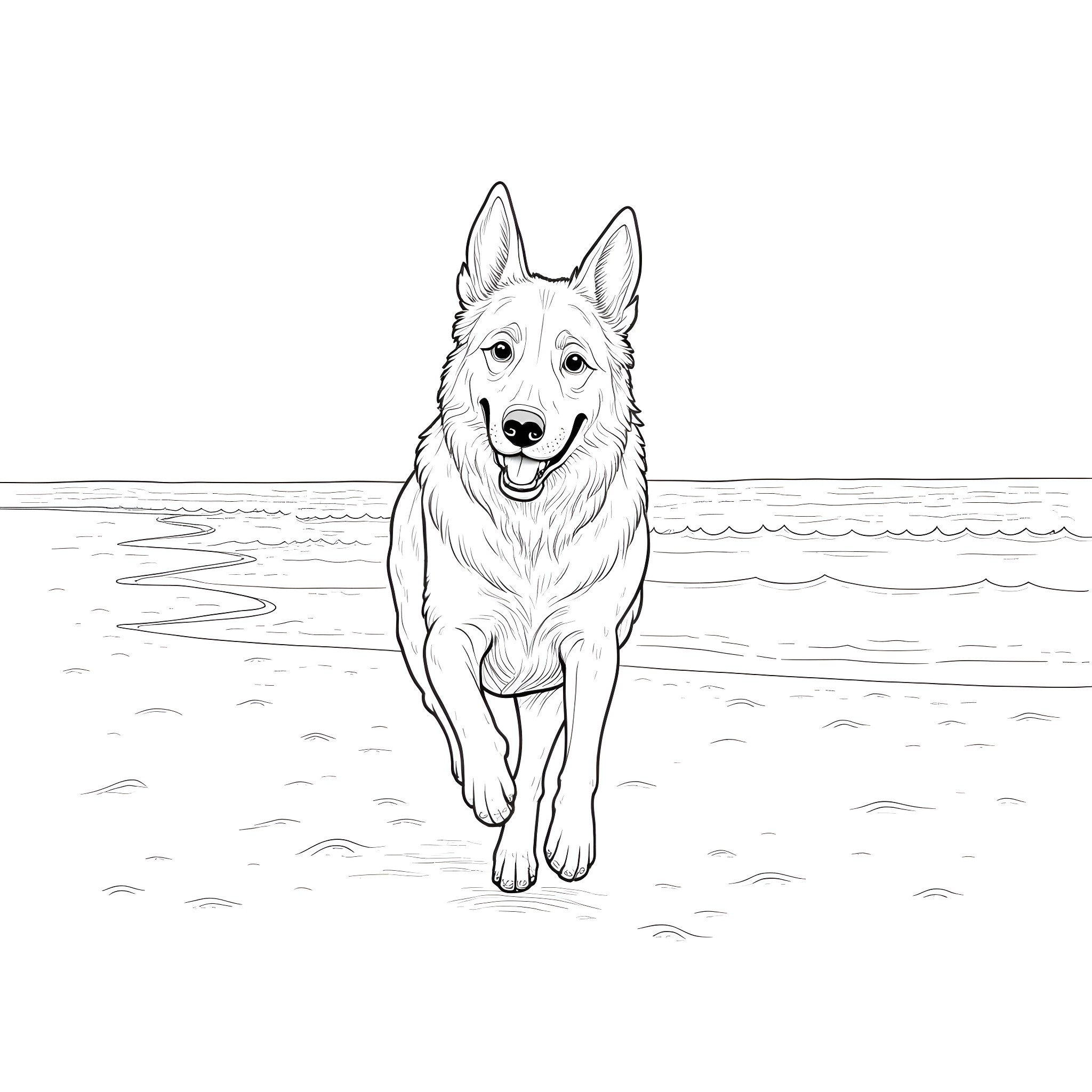 German Shepherd Running Joyfully on the Beach Coloring Page (free black-and-white line drawing printable PDF for all, from beginners to advanced learners, including children, teens, adults, and seniors)