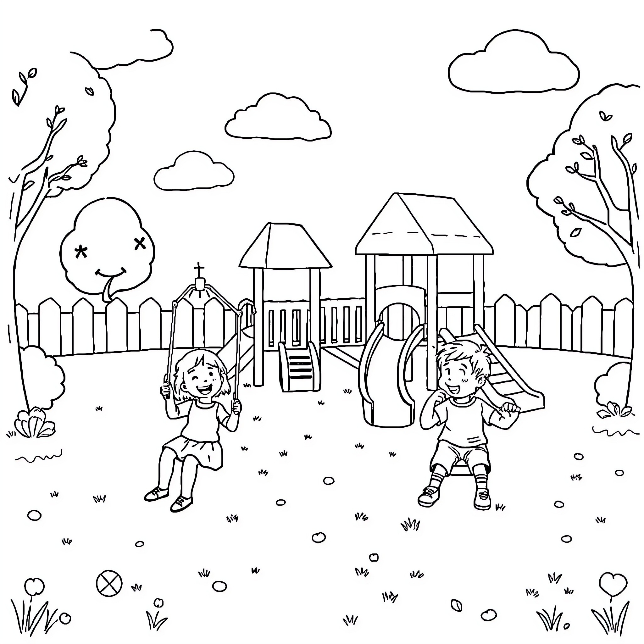 Playground with children playing happily Coloring Page (free black-and-white line drawing printable PDF for all, from beginners to advanced learners, including children, teens, adults, and seniors)