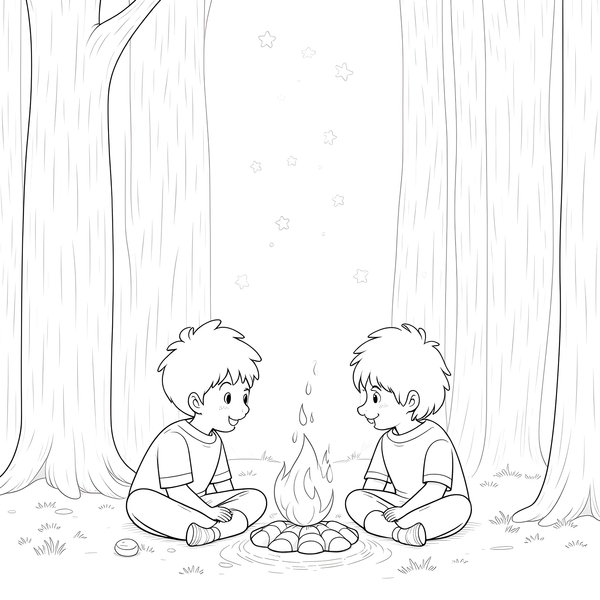 Crono and Friends Sharing a Cozy Campfire Coloring Page (free black-and-white line drawing printable PDF for all, from beginners to advanced learners, including children, teens, adults, and seniors)