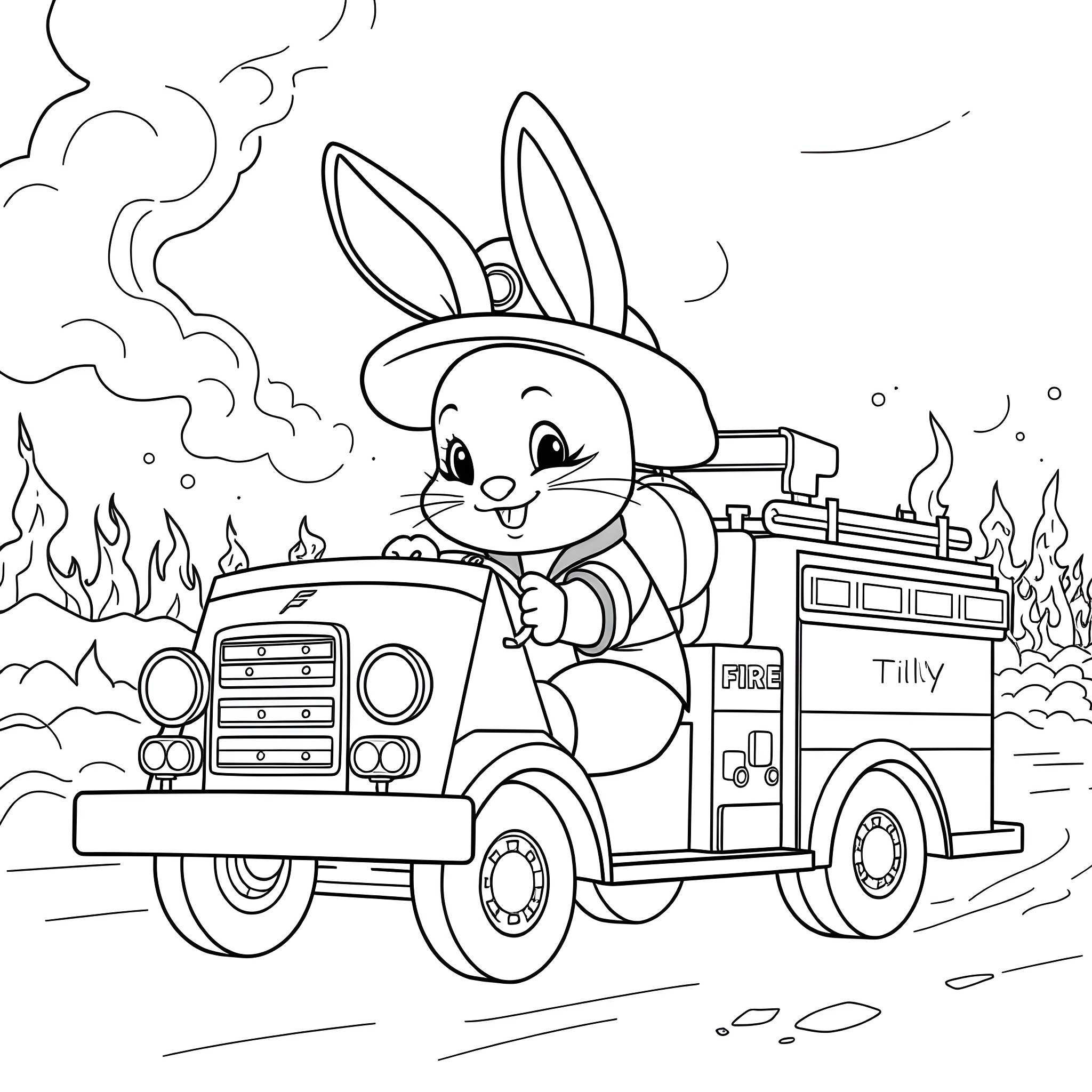 Bunny firefighter driving a fire truck Coloring Page (free black-and-white line drawing printable PDF for all, from beginners to advanced learners, including children, teens, adults, and seniors)