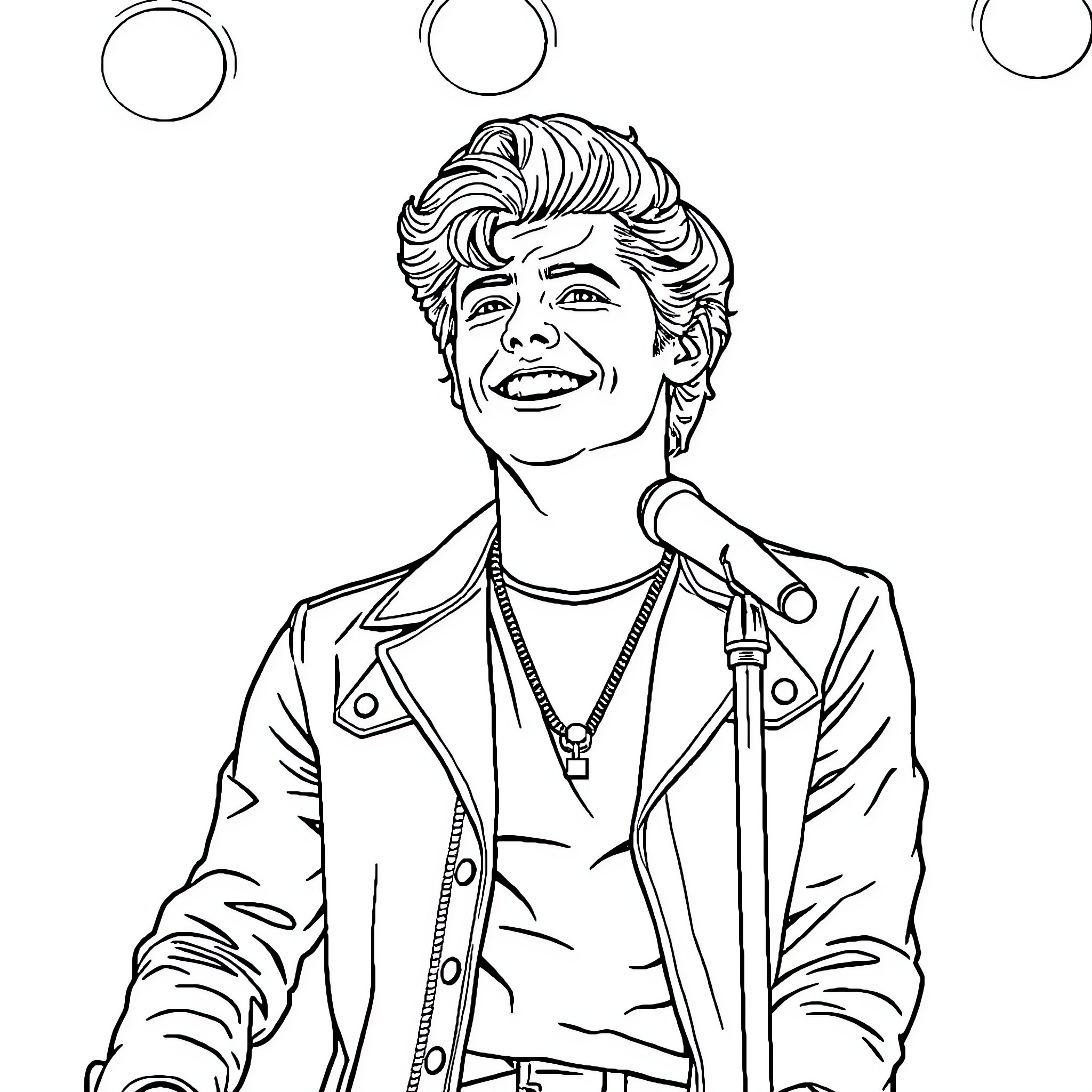 Harry Styles performing on stage with confident expression Coloring Page (free black-and-white line drawing printable PDF for all, from beginners to advanced learners, including children, teens, adults, and seniors)