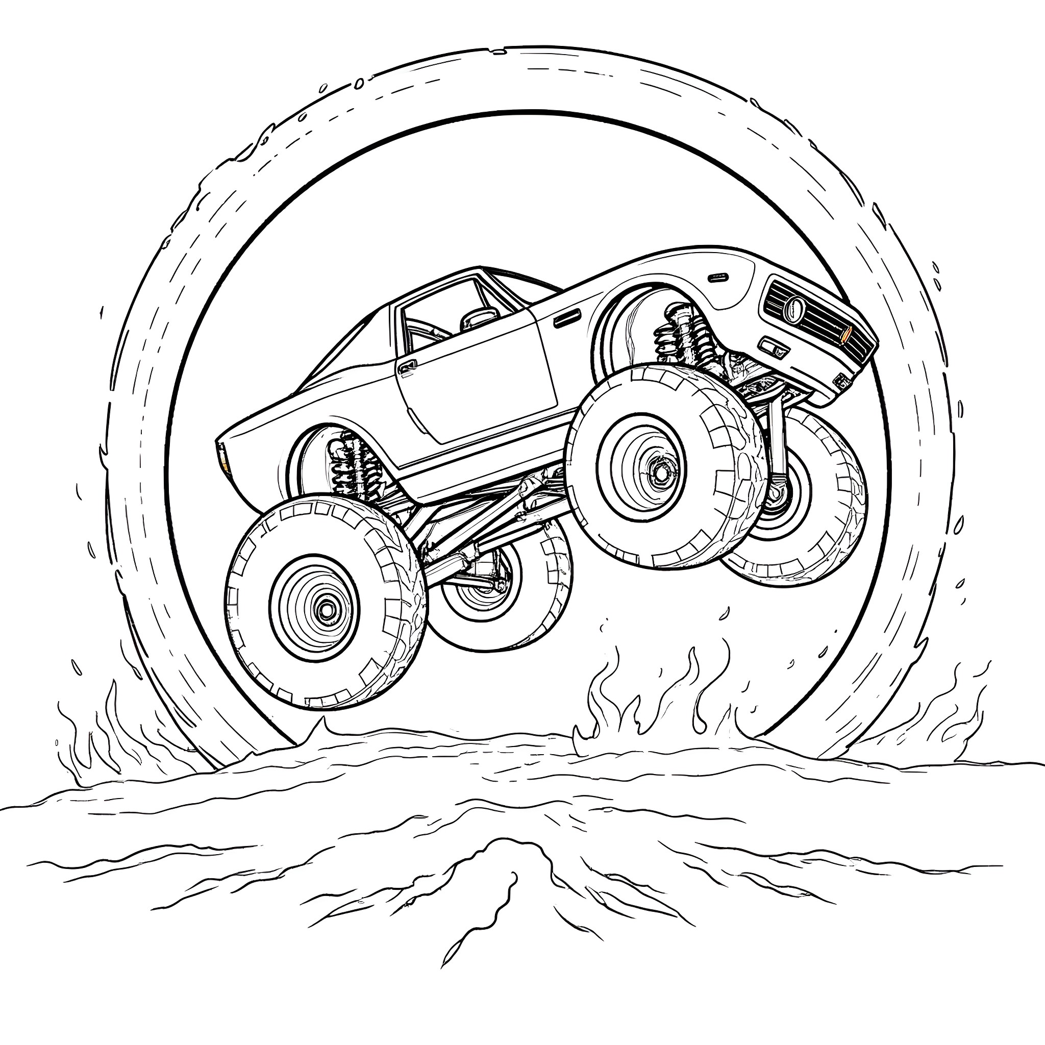 Monster Truck Jumping Over Rugged Terrain Coloring Page (free black-and-white line drawing printable PDF for all, from beginners to advanced learners, including children, teens, adults, and seniors)