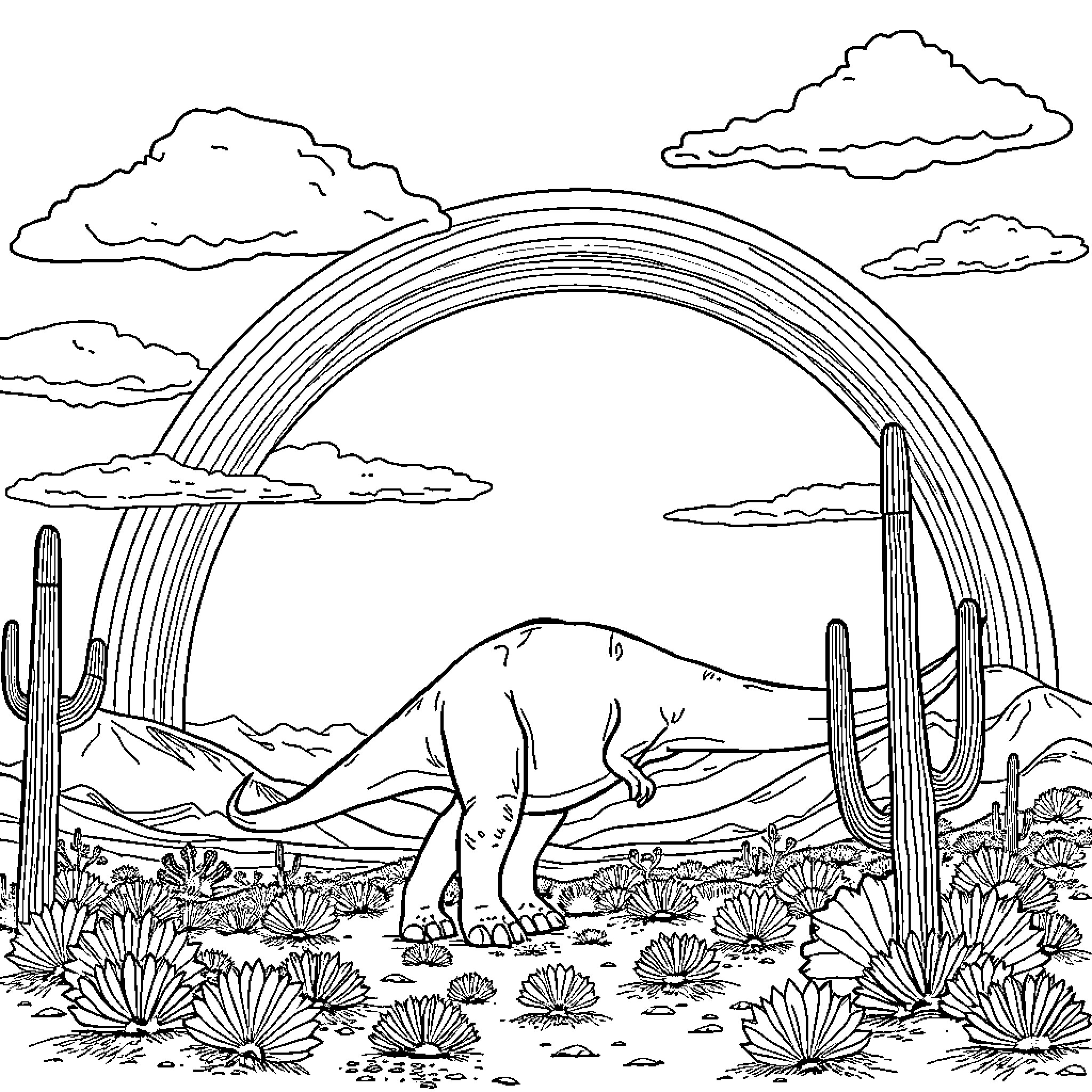 Dinosaur roaming in desert landscape under rainbow Coloring Page (free black-and-white line drawing printable PDF for all, from beginners to advanced learners, including children, teens, adults, and seniors)