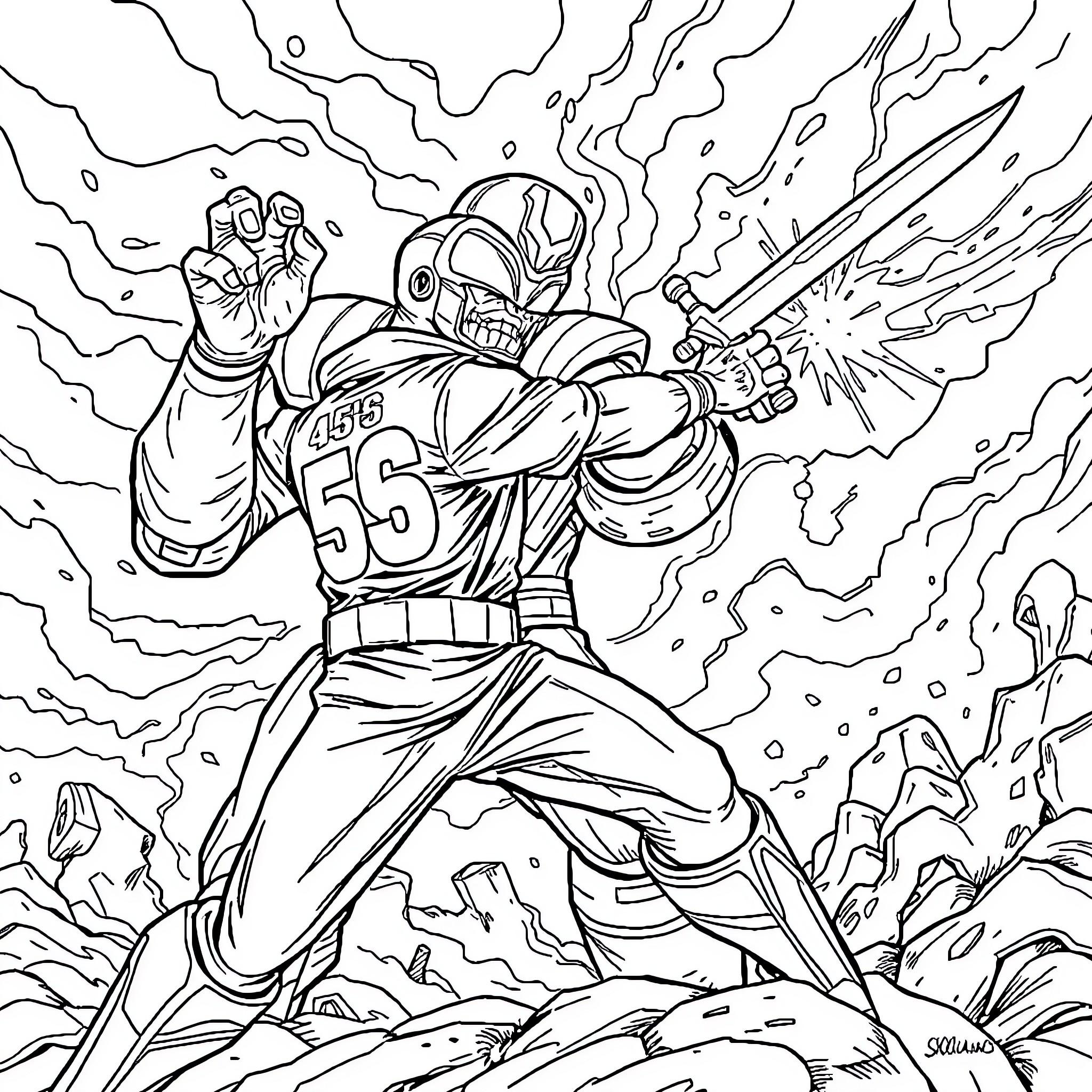 Player in Explosive Heroic Pose Coloring Page (free black-and-white line drawing printable PDF for all, from beginners to advanced learners, including children, teens, adults, and seniors)