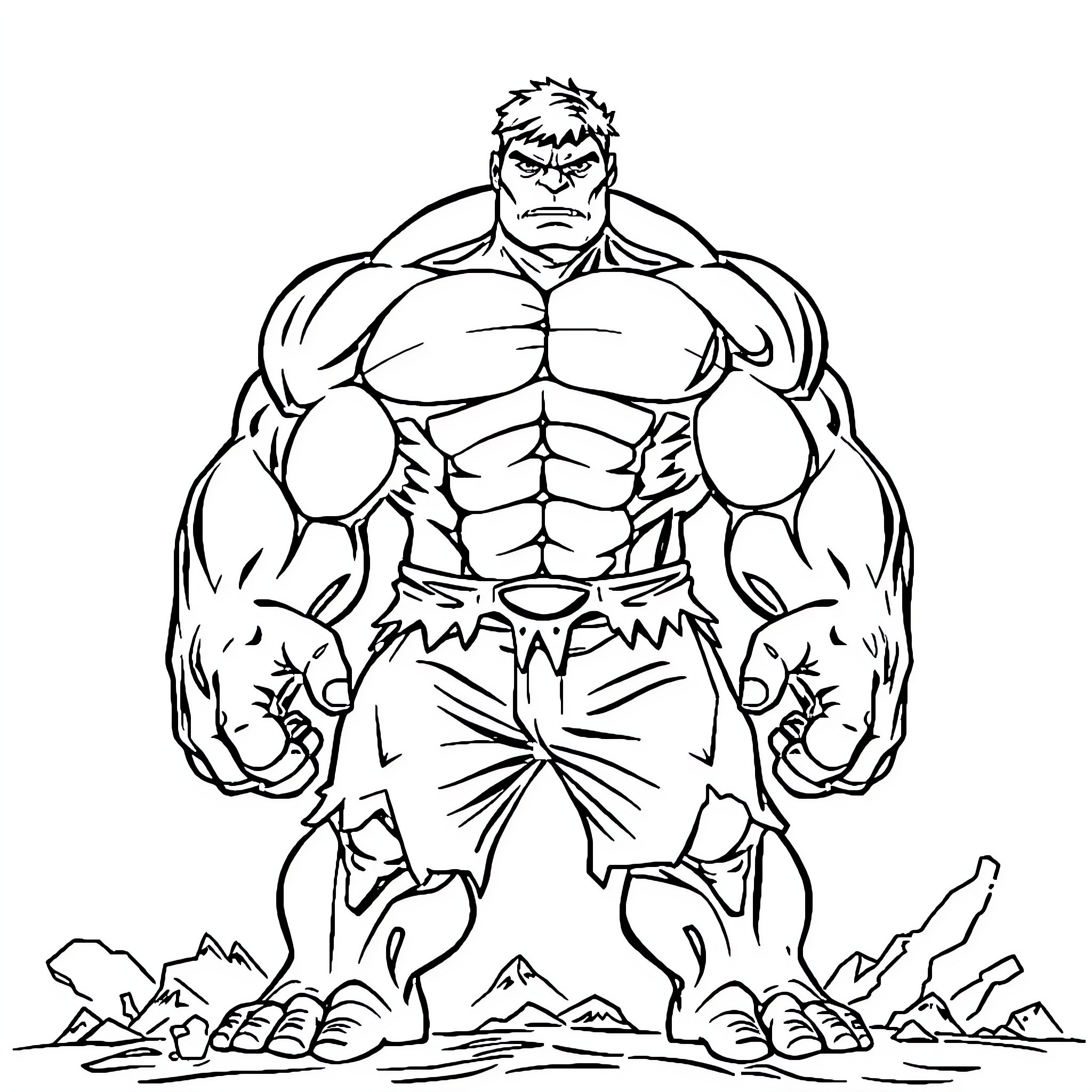 Hulk Smashing Through Terrain with Intense Strength Coloring Page (free black-and-white line drawing printable PDF for all, from beginners to advanced learners, including children, teens, adults, and seniors)