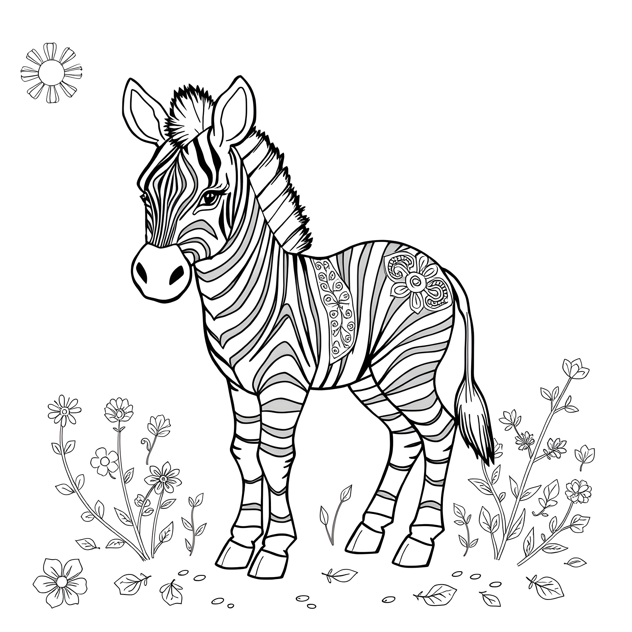 Zebra standing calmly in a floral field Coloring Page (free black-and-white line drawing printable PDF for all, from beginners to advanced learners, including children, teens, adults, and seniors)