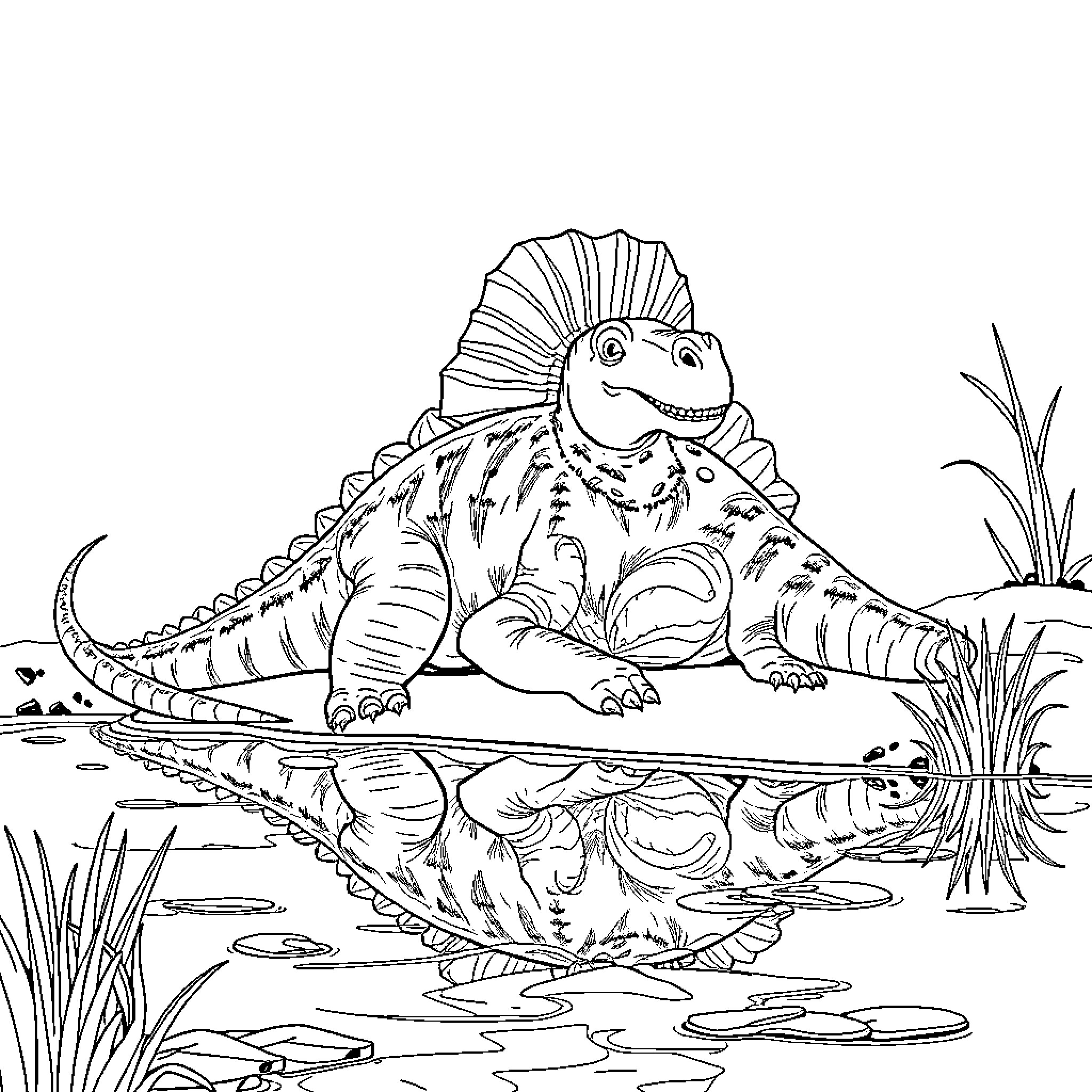 Chasmosaurus swimming in the pond Coloring Page (free black-and-white line drawing printable PDF for all, from beginners to advanced learners, including children, teens, adults, and seniors)