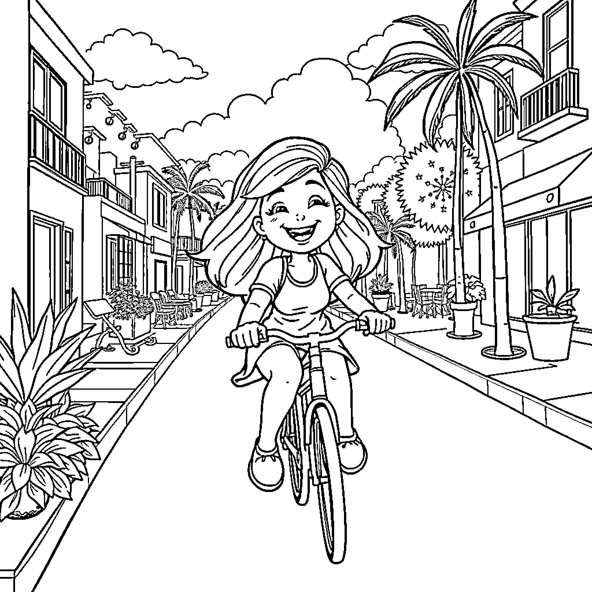 Bluey's Joyful Bicycle Ride Through Tropical Town Coloring Page (free black-and-white line drawing printable PDF for all, from beginners to advanced learners, including children, teens, adults, and seniors)