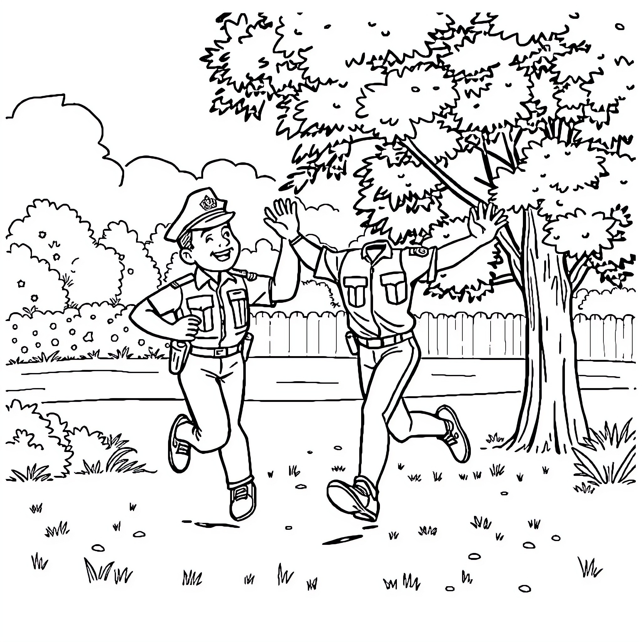 Cop directing traffic in a park Coloring Page (free black-and-white line drawing printable PDF for all, from beginners to advanced learners, including children, teens, adults, and seniors)