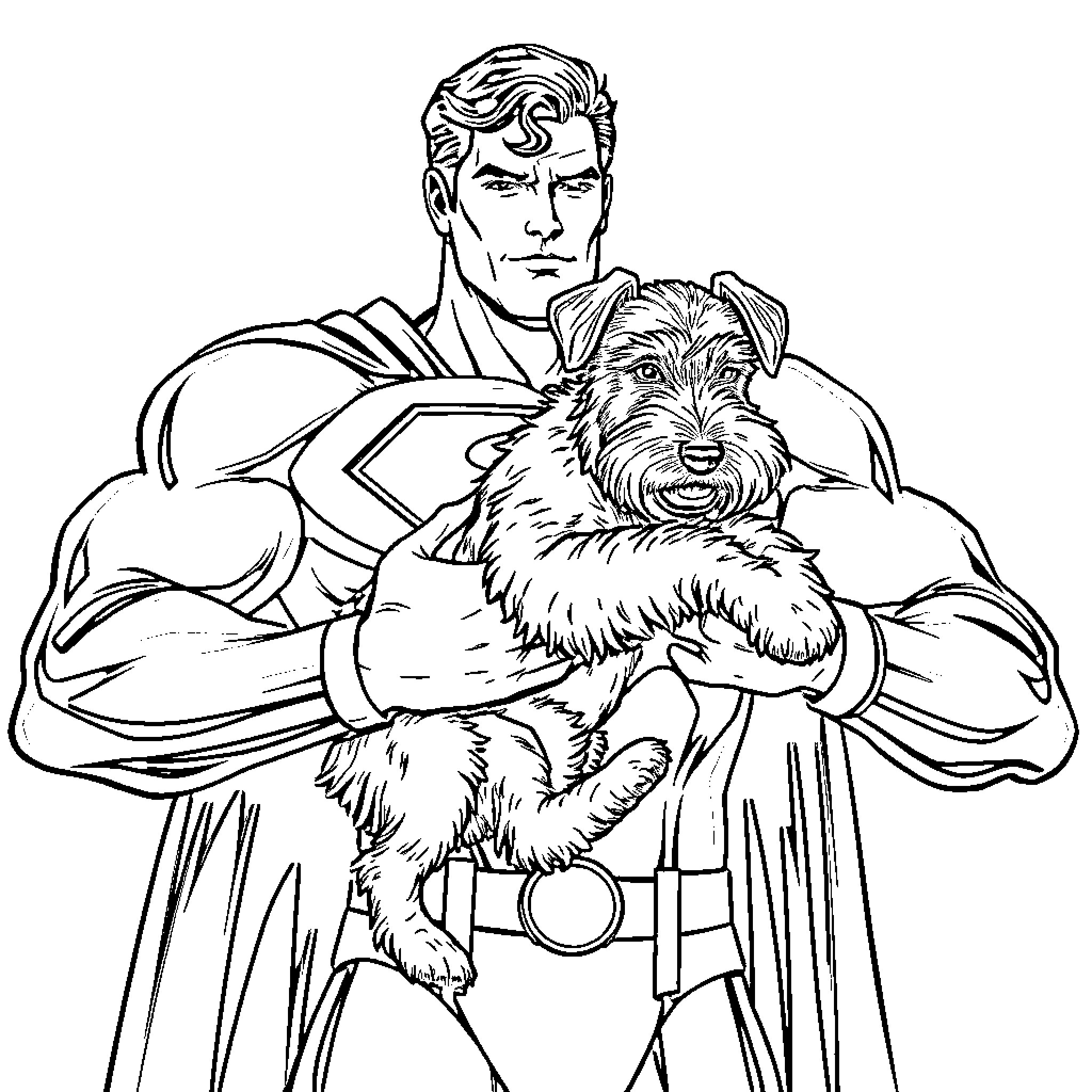 Superman holds a loyal dog companion Coloring Page (free black-and-white line drawing printable PDF for all, from beginners to advanced learners, including children, teens, adults, and seniors)