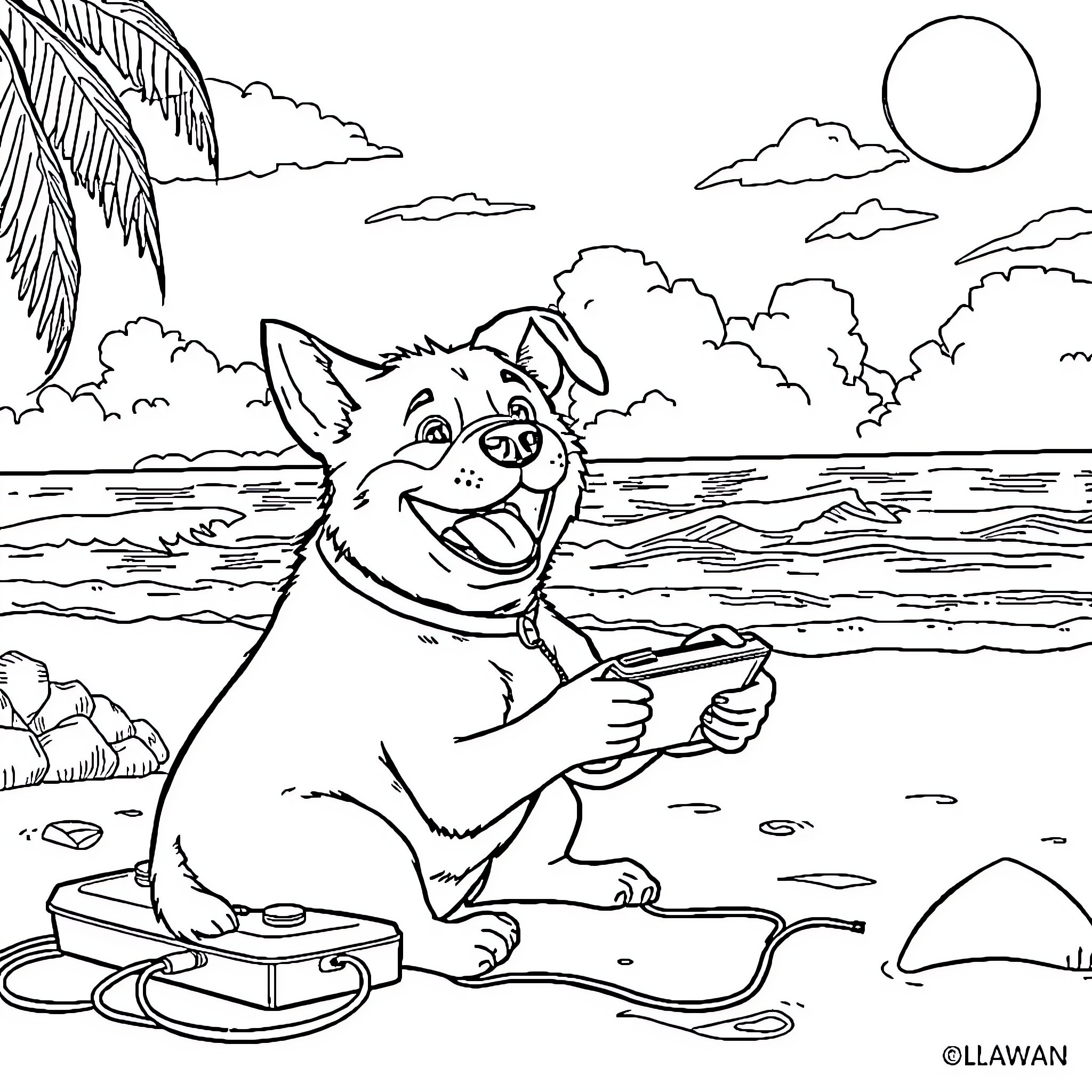 Dog enjoying a tropical beach scene Coloring Page (free black-and-white line drawing printable PDF for all, from beginners to advanced learners, including children, teens, adults, and seniors)