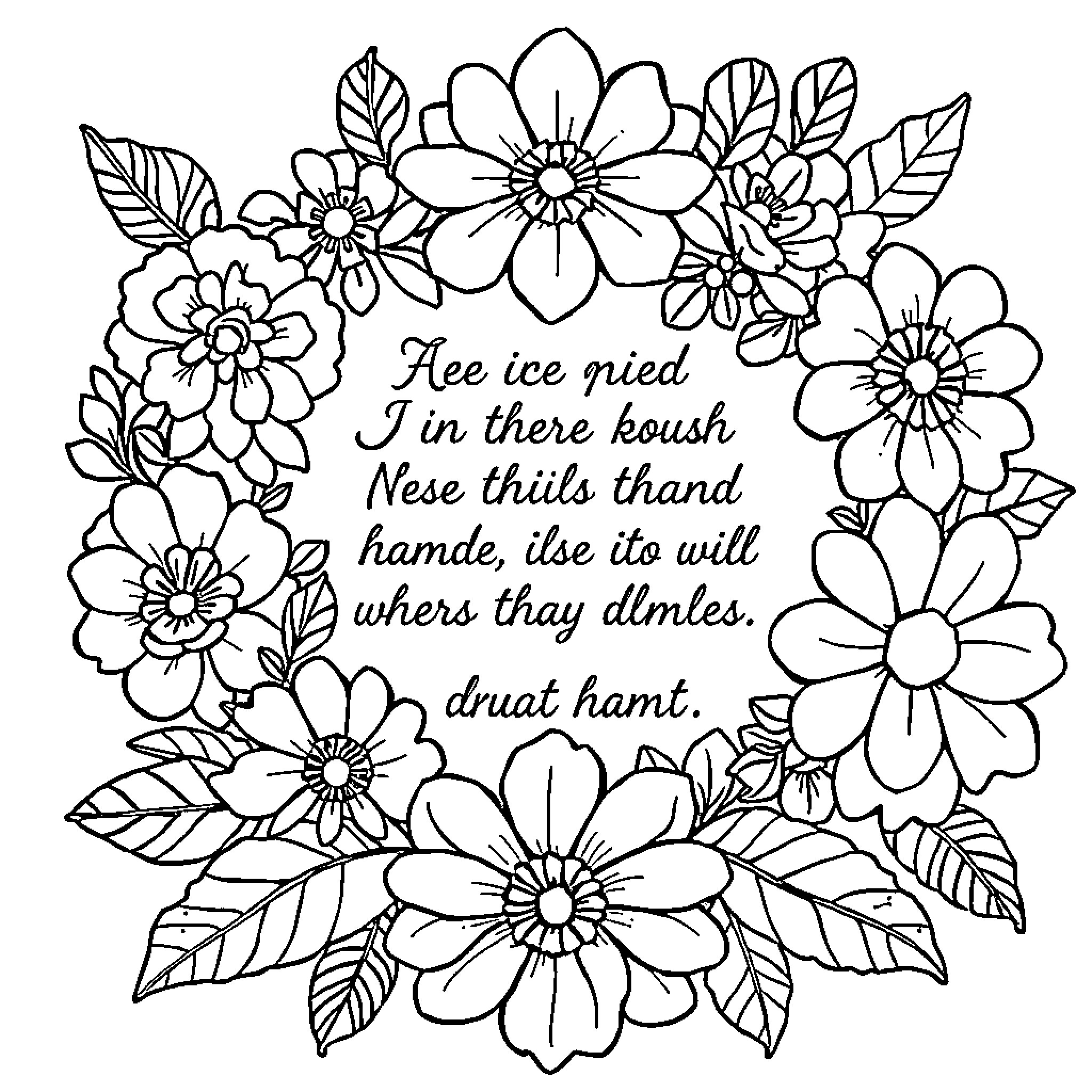 Bible Verse Floral Frame with Inspiring Text Coloring Page (free black-and-white line drawing printable PDF for all, from beginners to advanced learners, including children, teens, adults, and seniors)