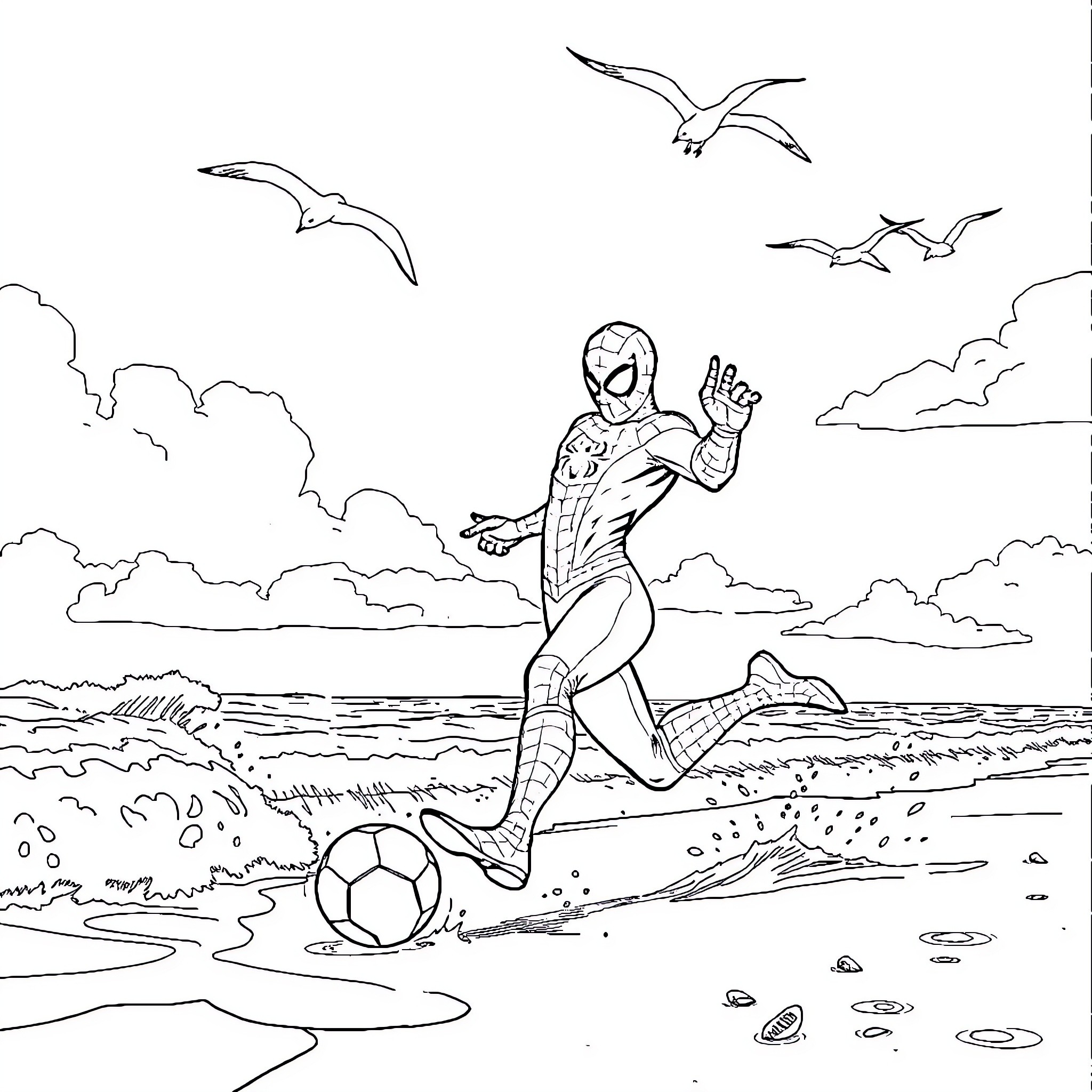 Spiderman playing soccer on the beach Coloring Page (free black-and-white line drawing printable PDF for all, from beginners to advanced learners, including children, teens, adults, and seniors)