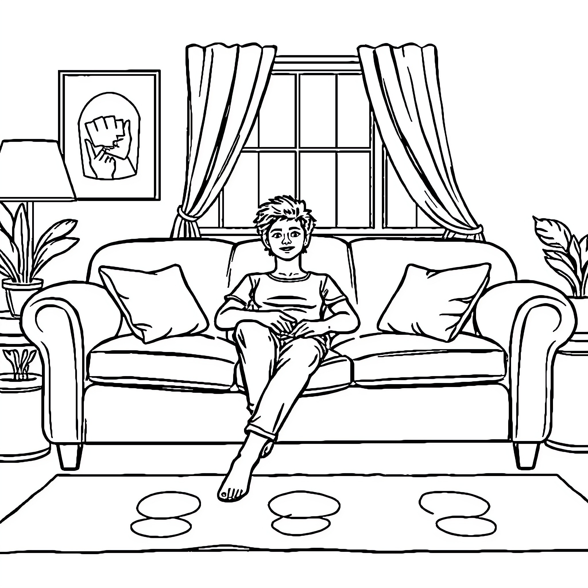 Person sitting comfortably on sofa in living room Coloring Page (free black-and-white line drawing printable PDF for all, from beginners to advanced learners, including children, teens, adults, and seniors)