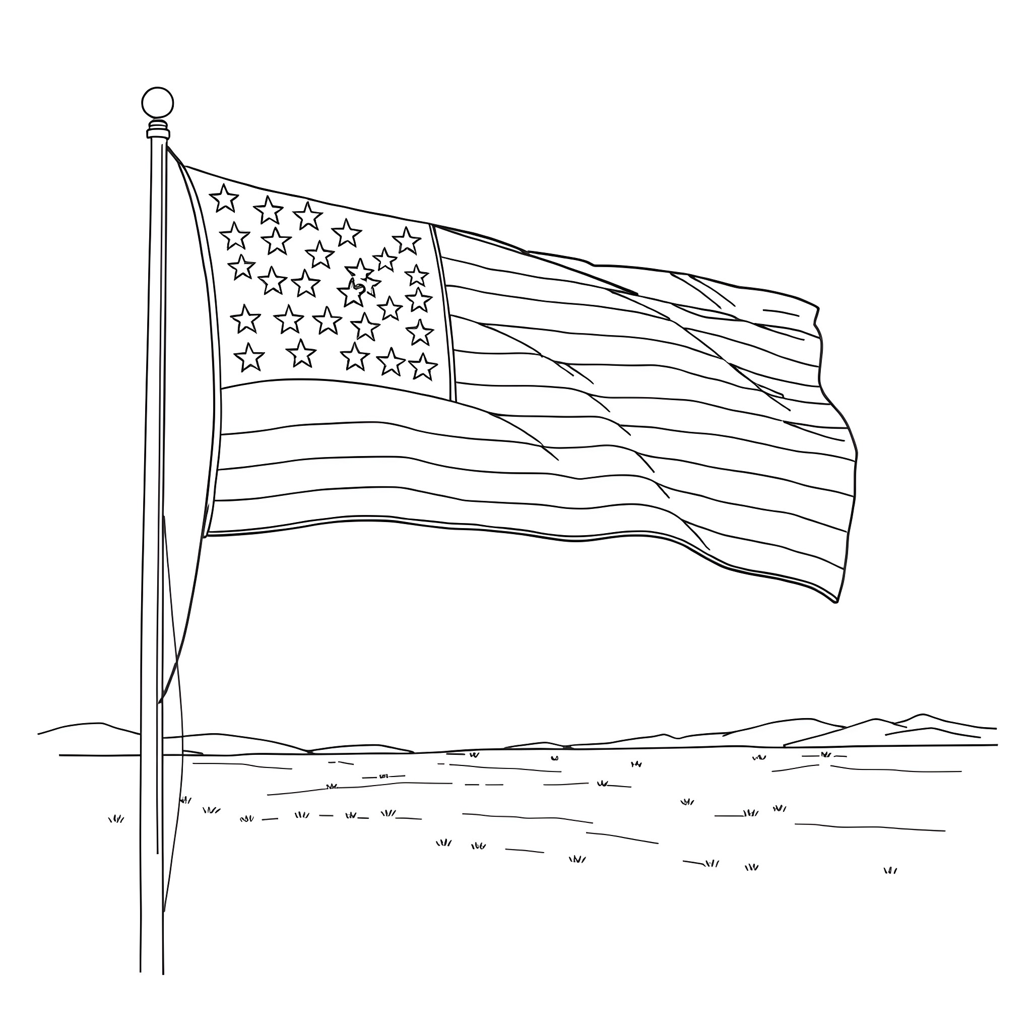 Flag waving proudly in the breeze Coloring Page (free black-and-white line drawing printable PDF for all, from beginners to advanced learners, including children, teens, adults, and seniors)