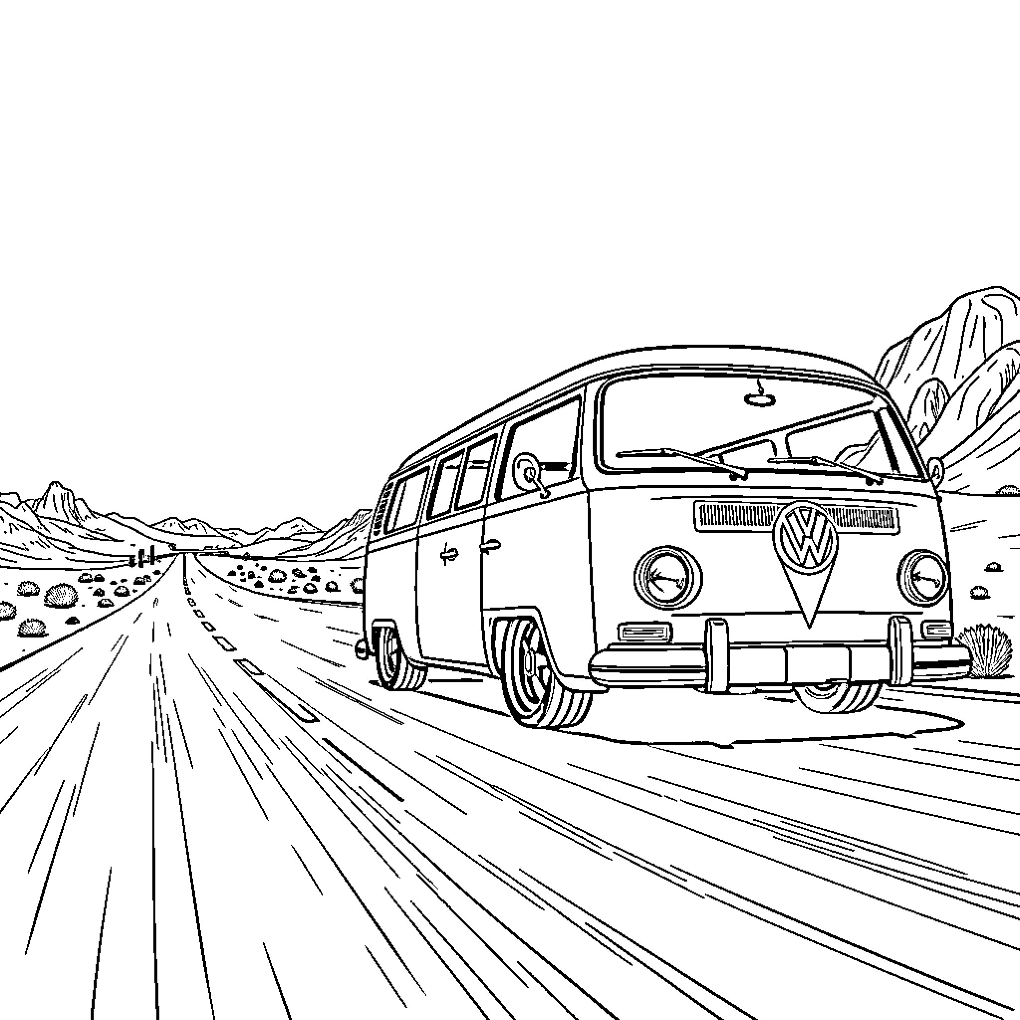 VW Bus exploring the open road Coloring Page (free black-and-white line drawing printable PDF for all, from beginners to advanced learners, including children, teens, adults, and seniors)