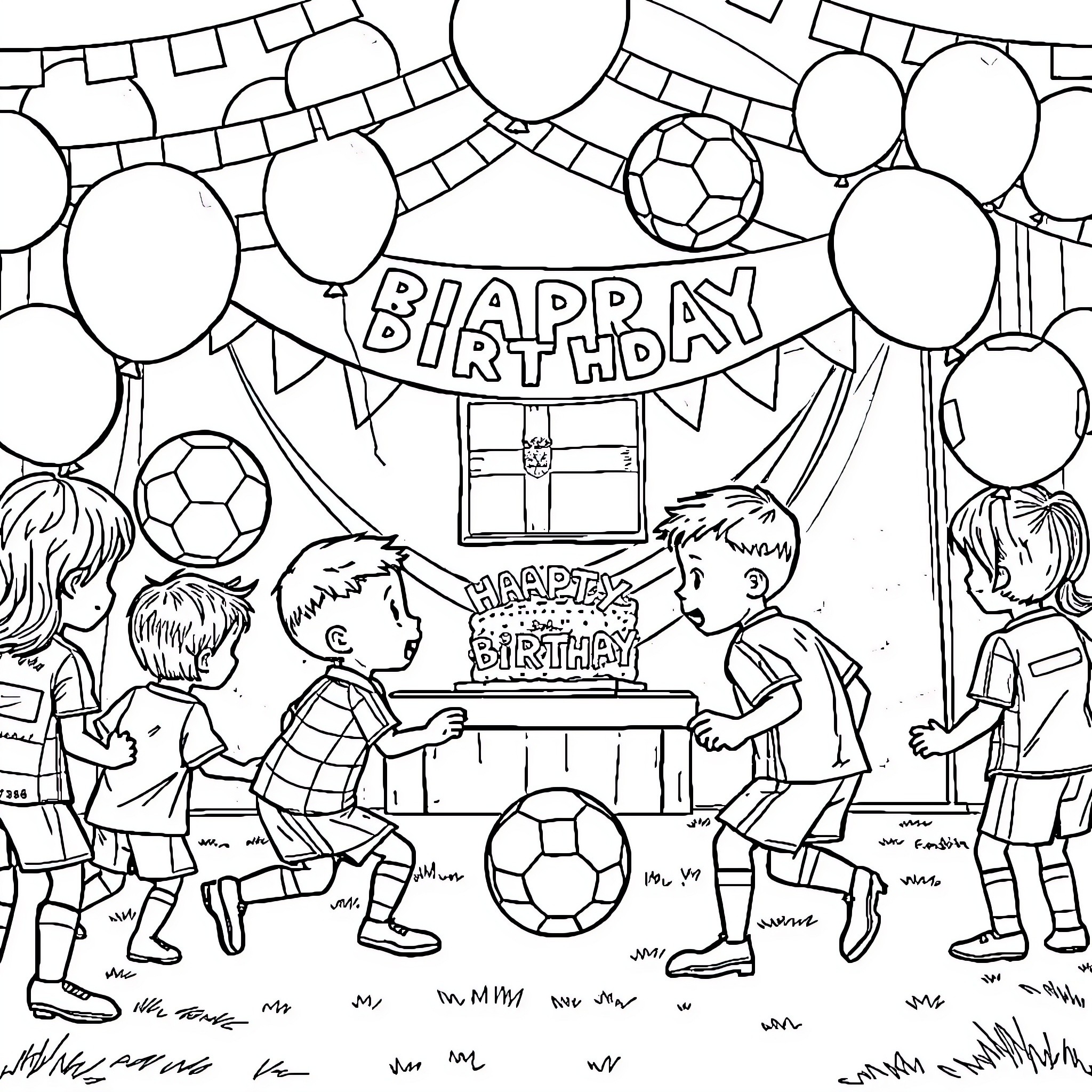 Soccer themed birthday party with children celebrating Coloring Page (free black-and-white line drawing printable PDF for all, from beginners to advanced learners, including children, teens, adults, and seniors)