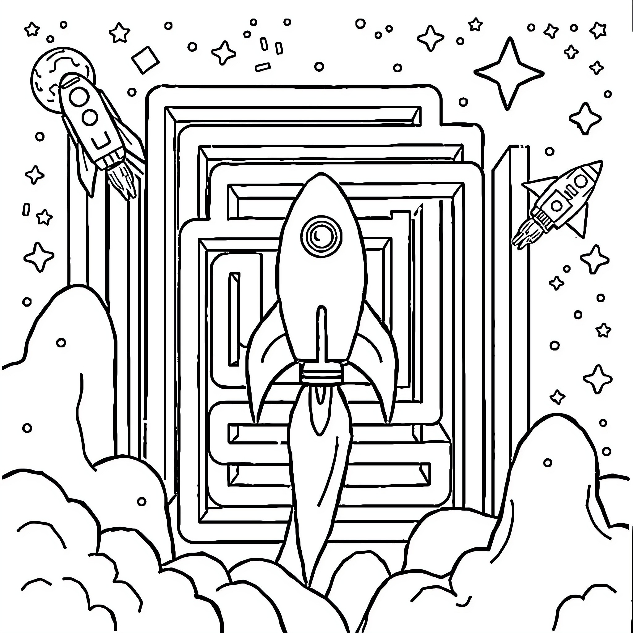 Rocket launching through cosmic frames Coloring Page (free black-and-white line drawing printable PDF for all, from beginners to advanced learners, including children, teens, adults, and seniors)