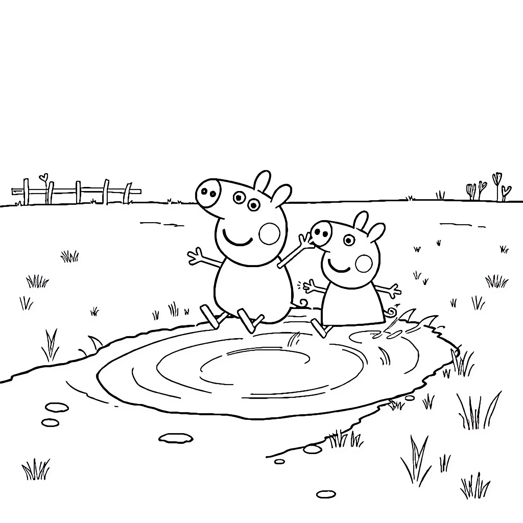 Peppa and her friend splashing in a puddle Coloring Page (free black-and-white line drawing printable PDF for all, from beginners to advanced learners, including children, teens, adults, and seniors)