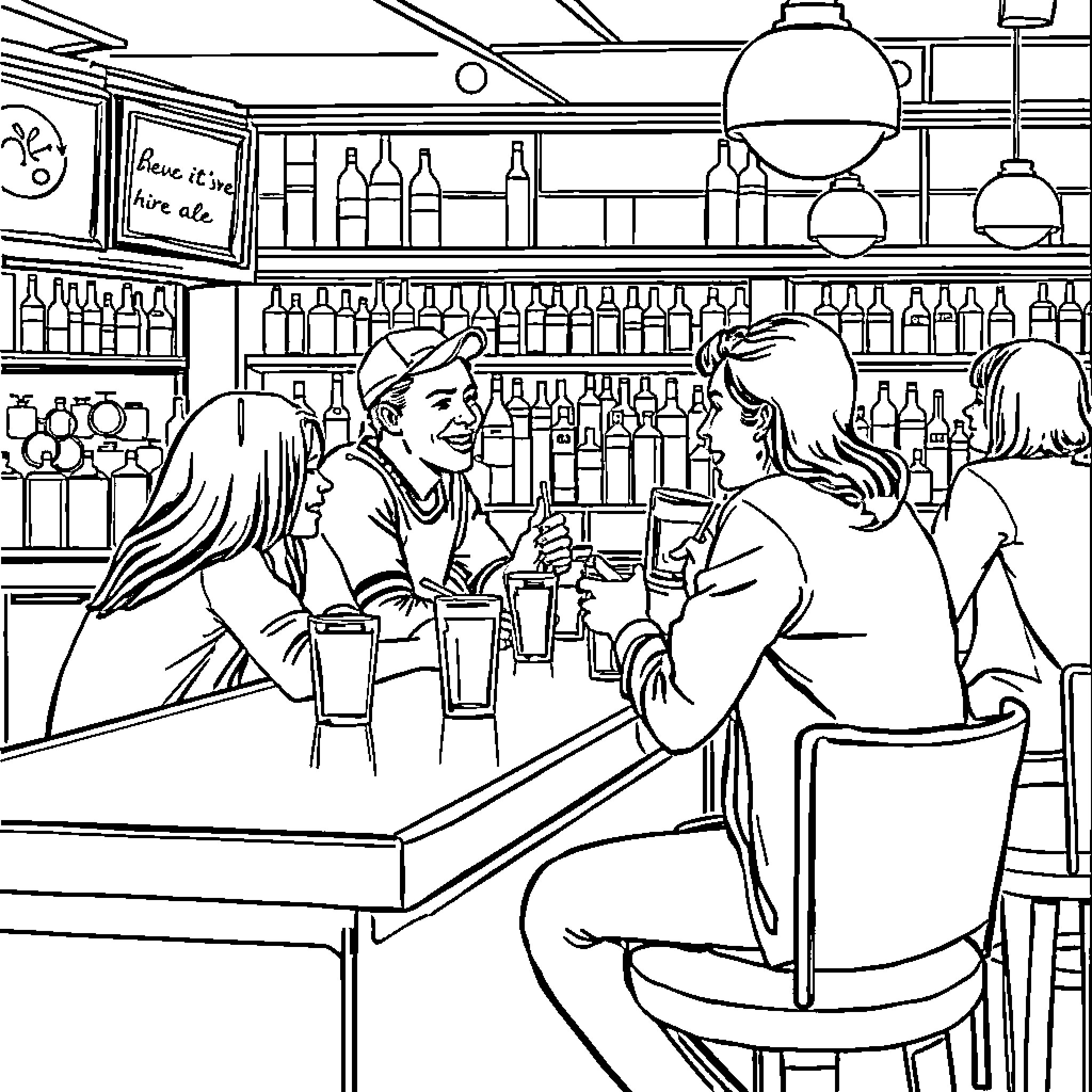 Customer Conversation and Drinks at a Bar Coloring Page (free black-and-white line drawing printable PDF for all, from beginners to advanced learners, including children, teens, adults, and seniors)