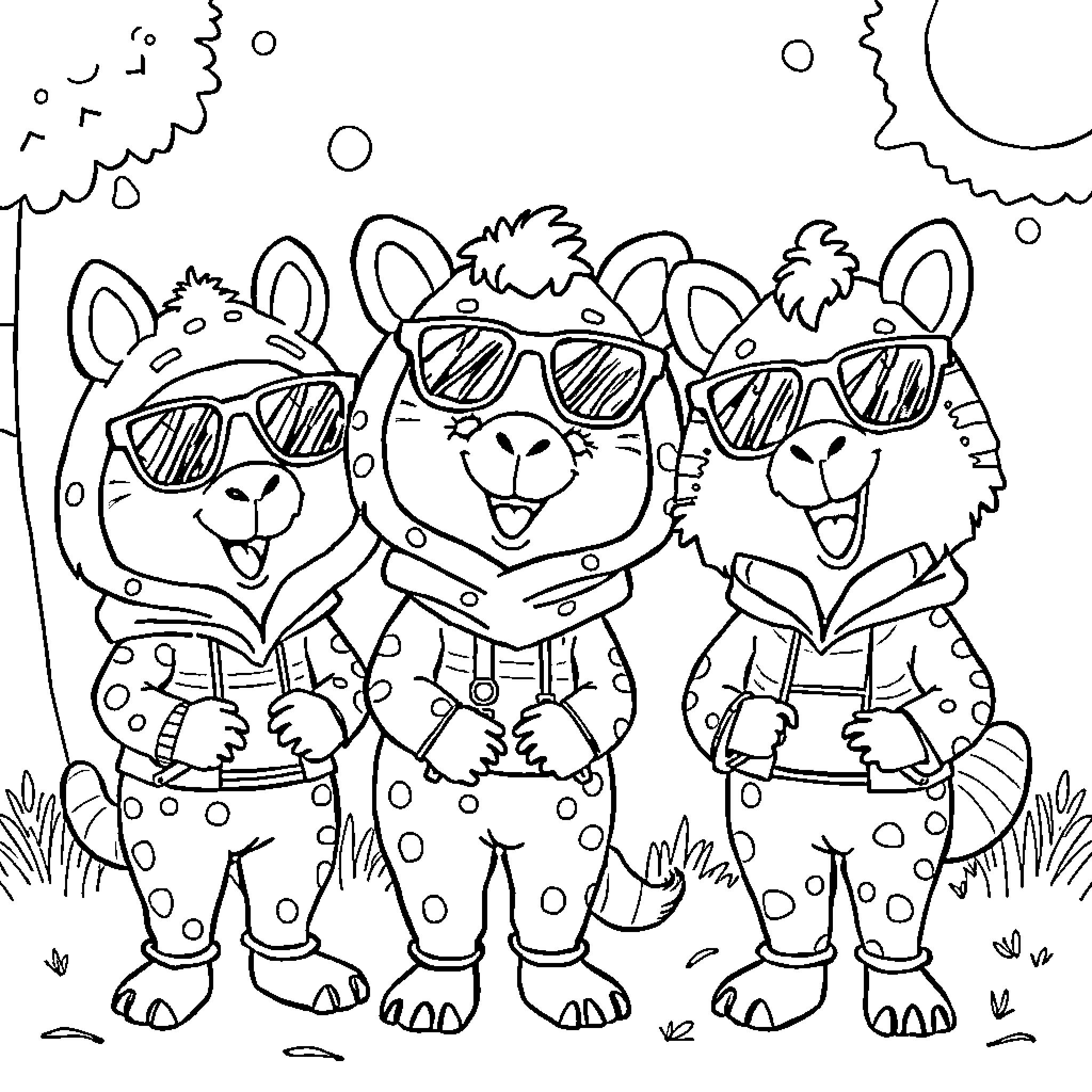 Stray Kids Animal Figures in Stylish Outfits Coloring Page (free black-and-white line drawing printable PDF for all, from beginners to advanced learners, including children, teens, adults, and seniors)