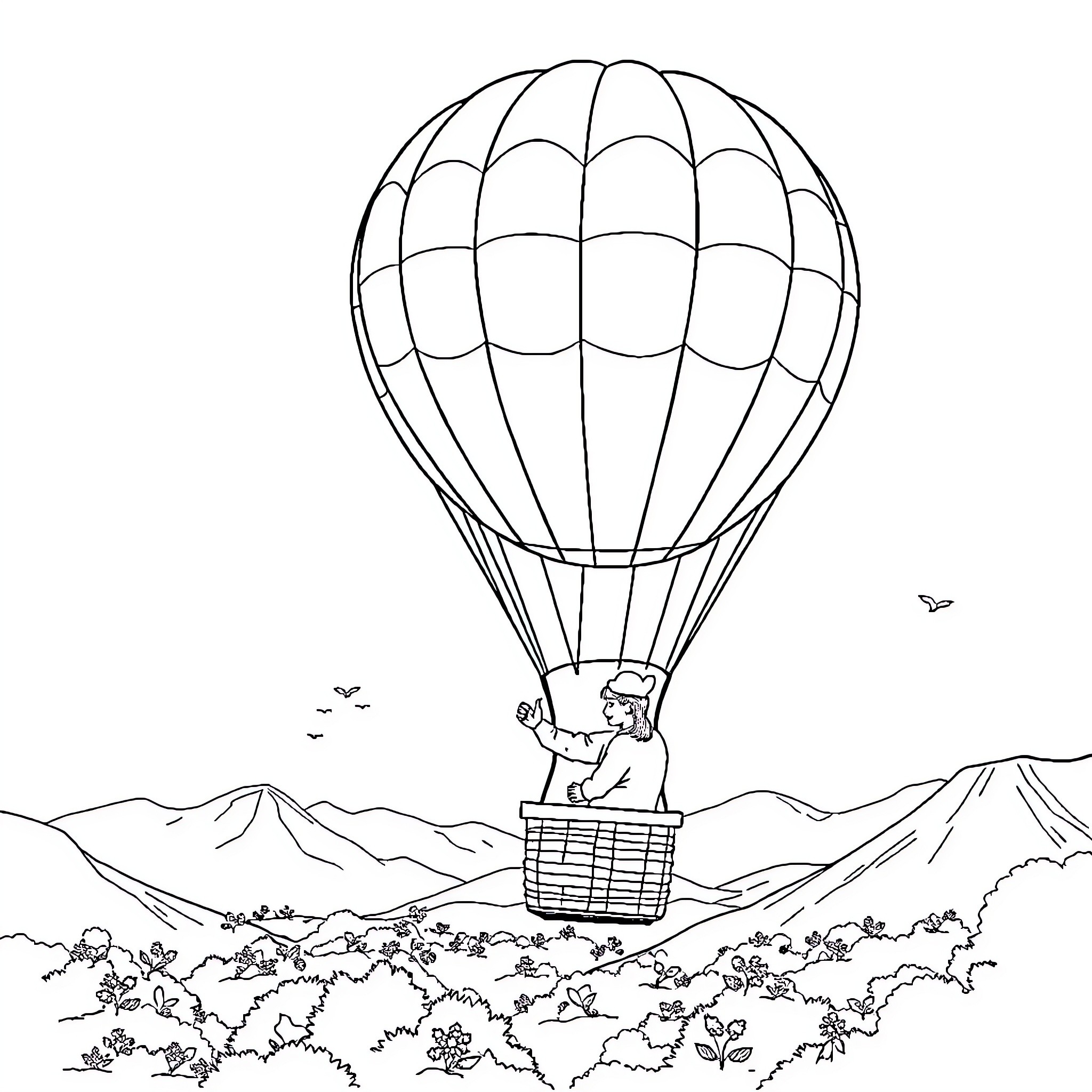 Turkish Balloon Soaring Over Mountainous Landscape Coloring Page (free black-and-white line drawing printable PDF for all, from beginners to advanced learners, including children, teens, adults, and seniors)
