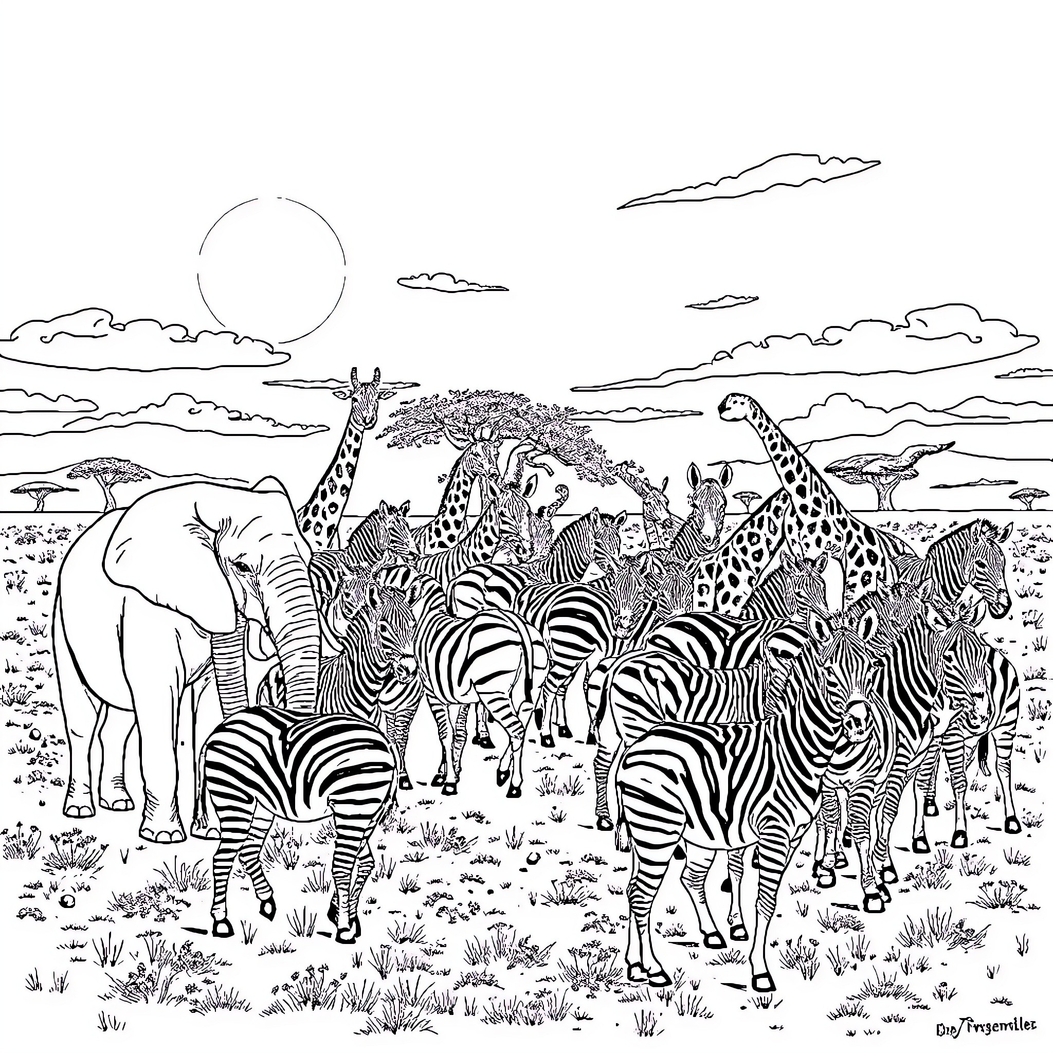 Animal Herd Gathering in African Savanna Coloring Page (free black-and-white line drawing printable PDF for all, from beginners to advanced learners, including children, teens, adults, and seniors)