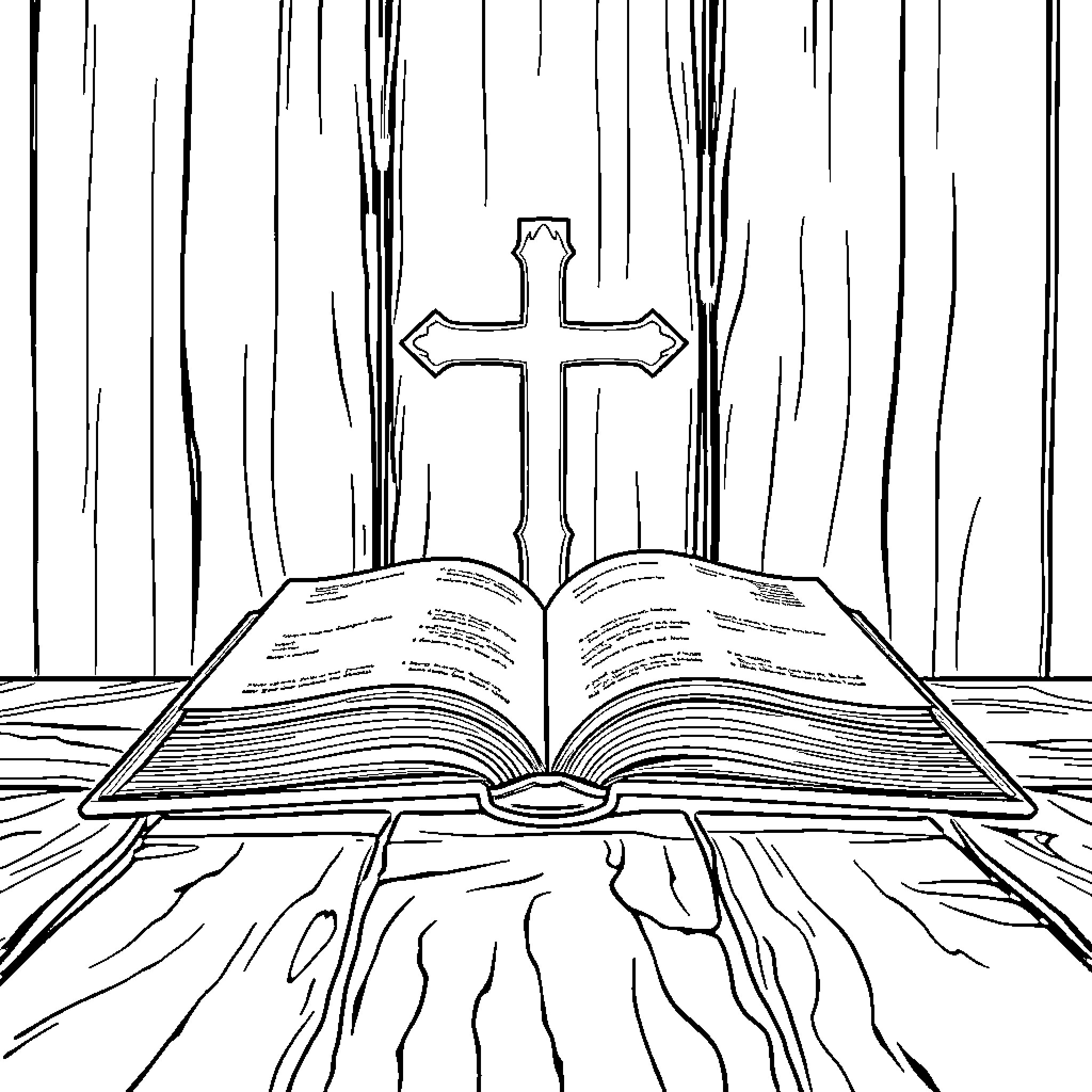 Bible with cross on wooden background Coloring Page (free black-and-white line drawing printable PDF for all, from beginners to advanced learners, including children, teens, adults, and seniors)