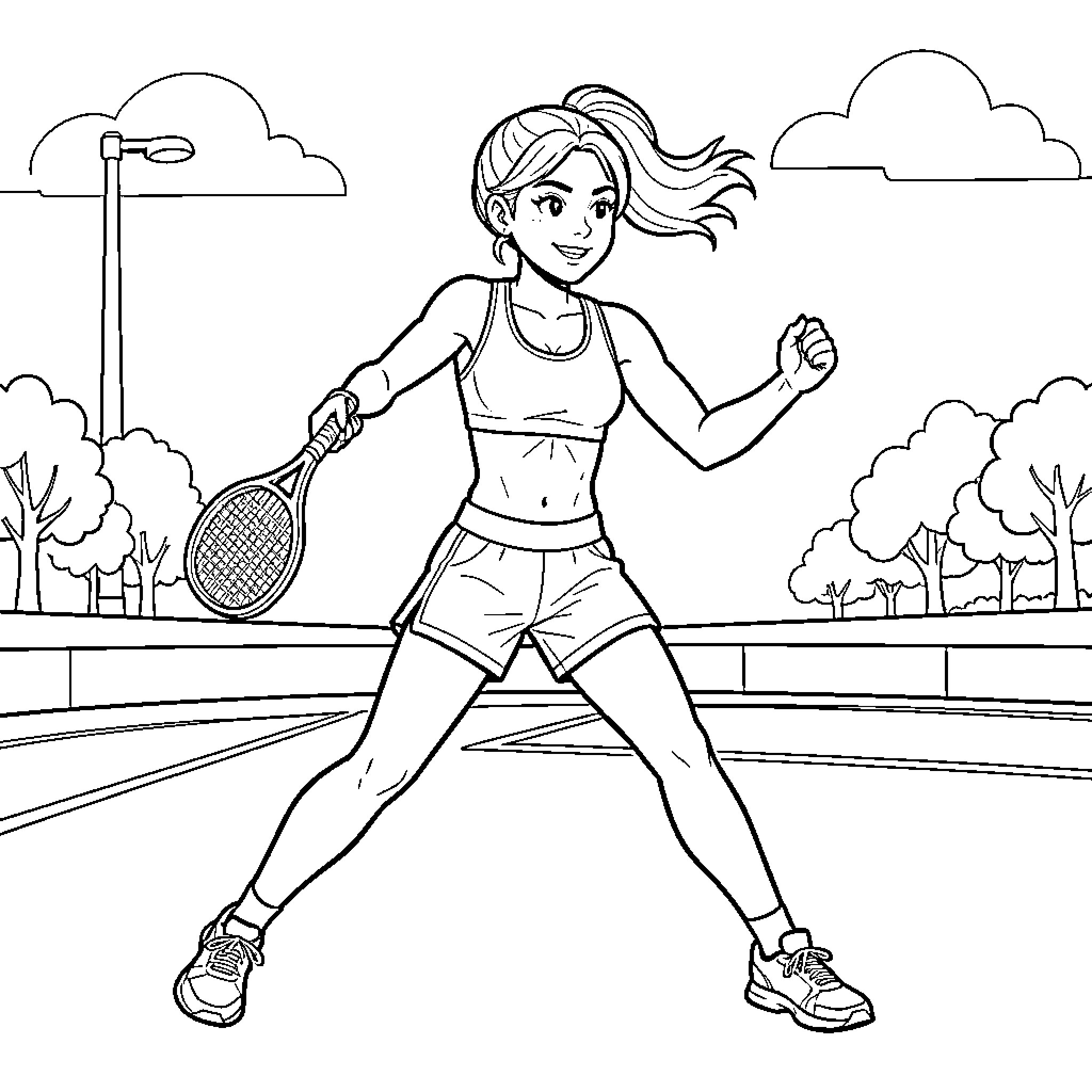 Sport Girl Playing Tennis on the Court Coloring Page (free black-and-white line drawing printable PDF for all, from beginners to advanced learners, including children, teens, adults, and seniors)