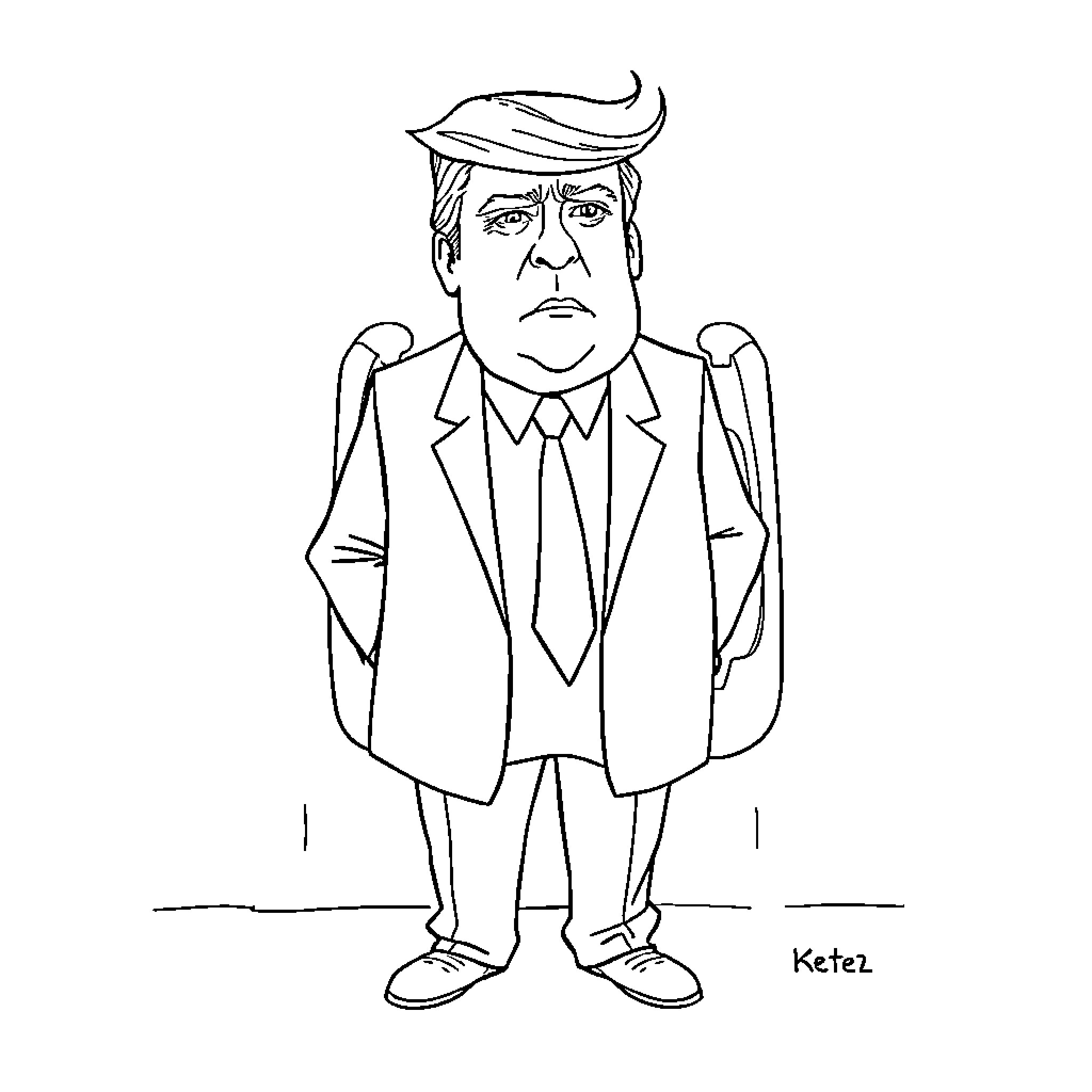 Donald Trump in Formal Attire with Serious Expression Coloring Page (free black-and-white line drawing printable PDF for all, from beginners to advanced learners, including children, teens, adults, and seniors)