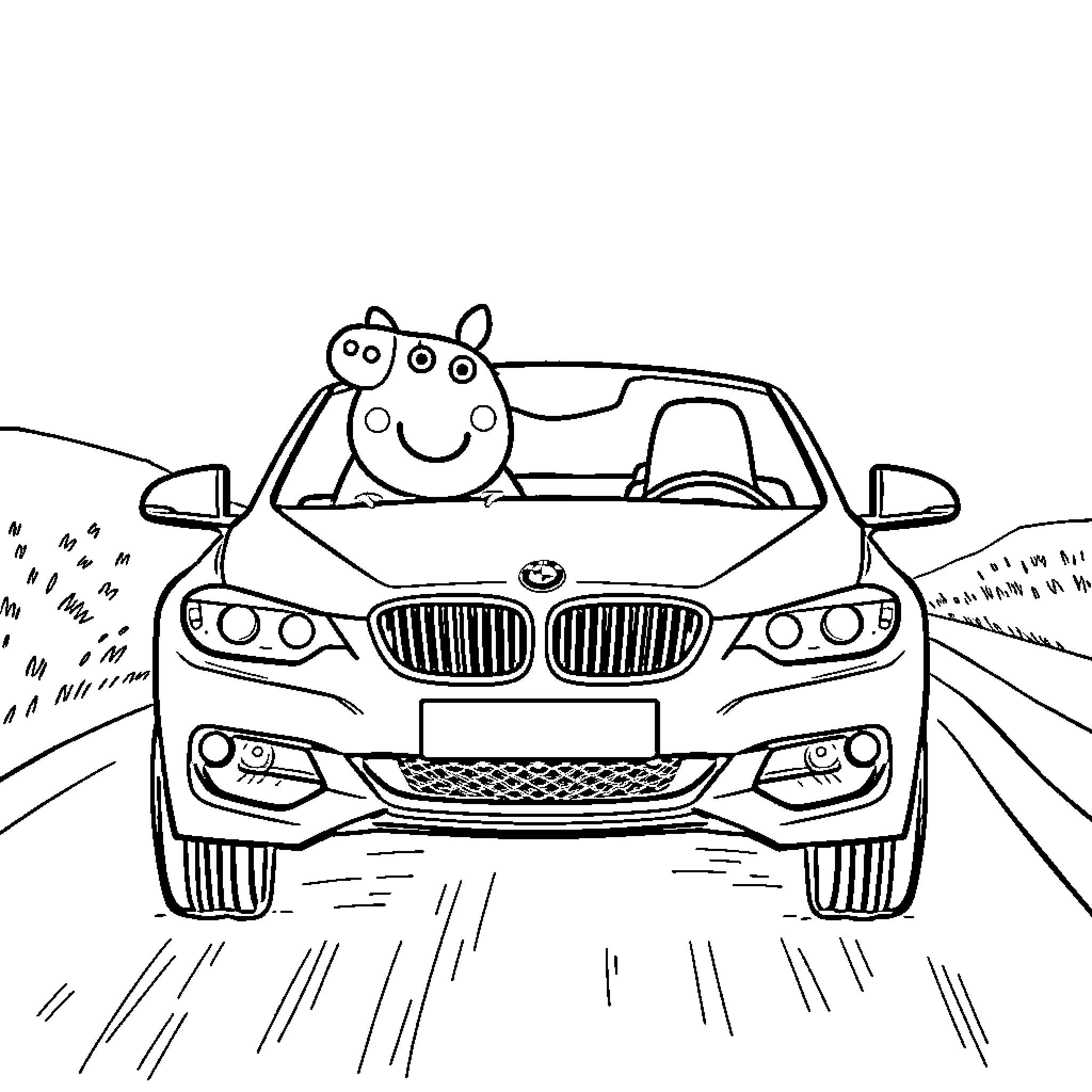 Peppa Pig goes on a car ride adventure Coloring Page (free black-and-white line drawing printable PDF for all, from beginners to advanced learners, including children, teens, adults, and seniors)