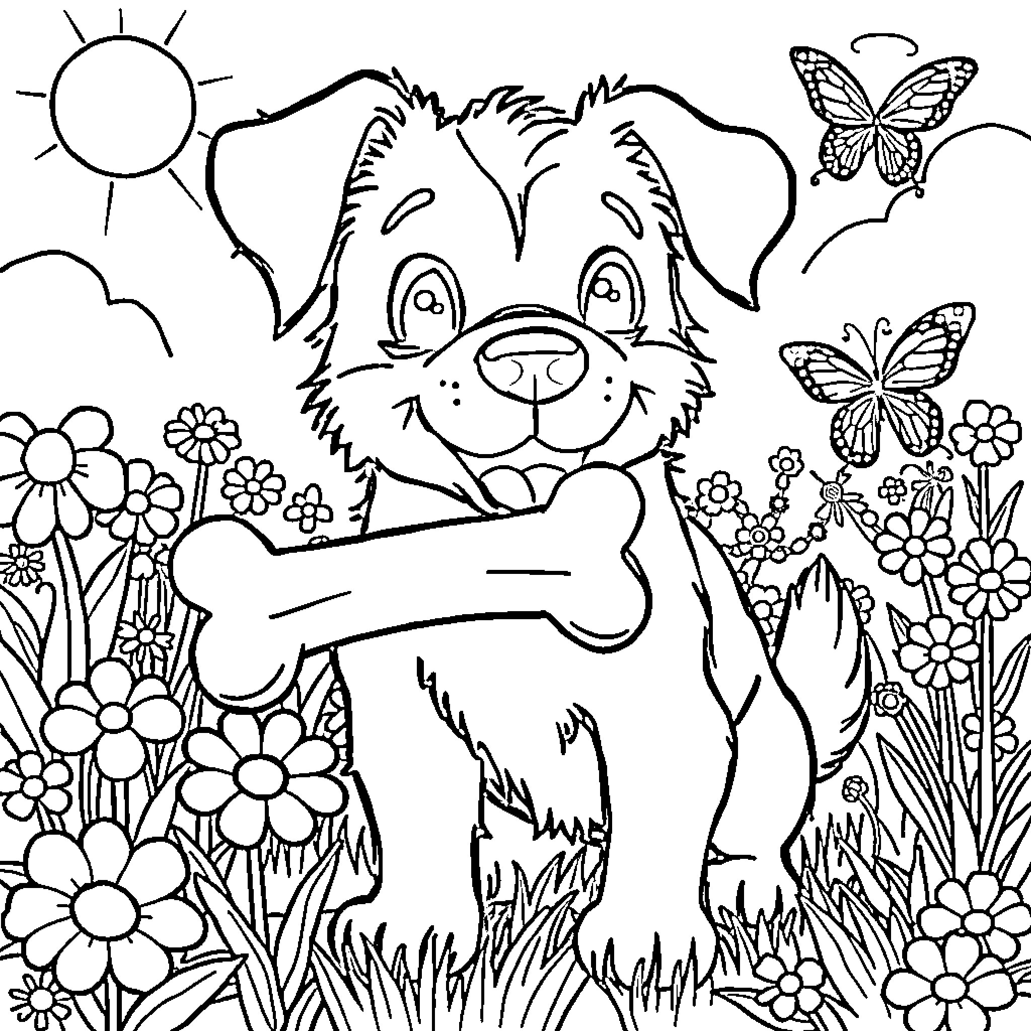 Dog exploring the garden with butterflies Coloring Page (free black-and-white line drawing printable PDF for all, from beginners to advanced learners, including children, teens, adults, and seniors)
