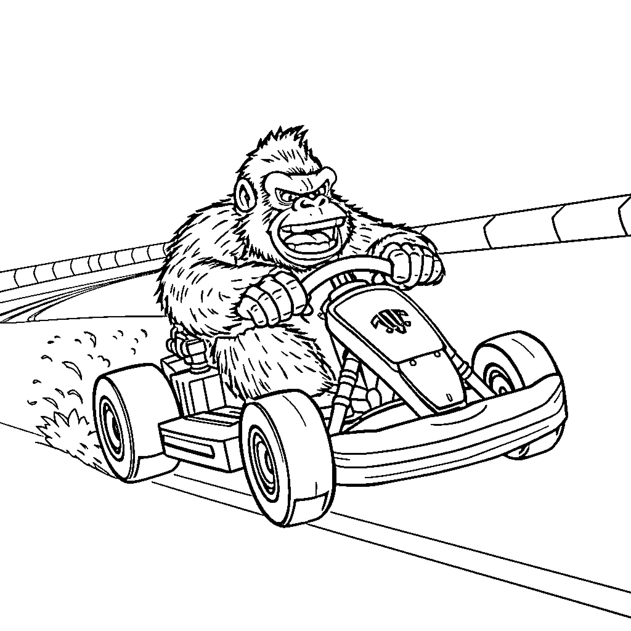 King Kong Riding Furious in a Go-Kart Coloring Page (free black-and-white line drawing printable PDF for all, from beginners to advanced learners, including children, teens, adults, and seniors)