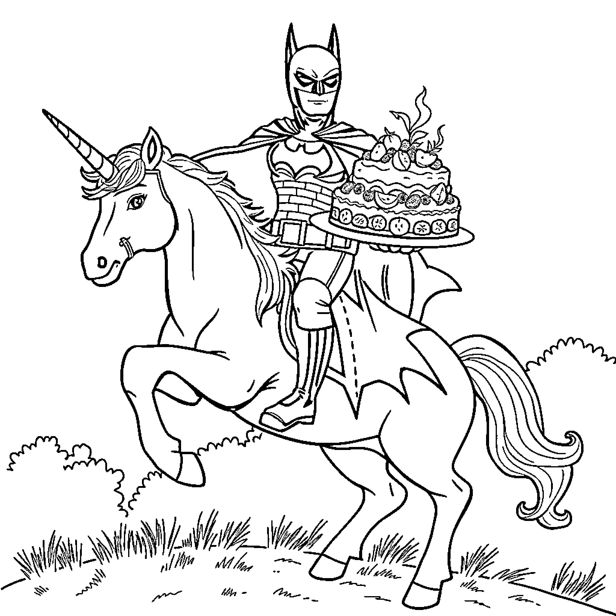 Batman Riding Unicorn with Birthday Cake Coloring Page (free black-and-white line drawing printable PDF for all, from beginners to advanced learners, including children, teens, adults, and seniors)
