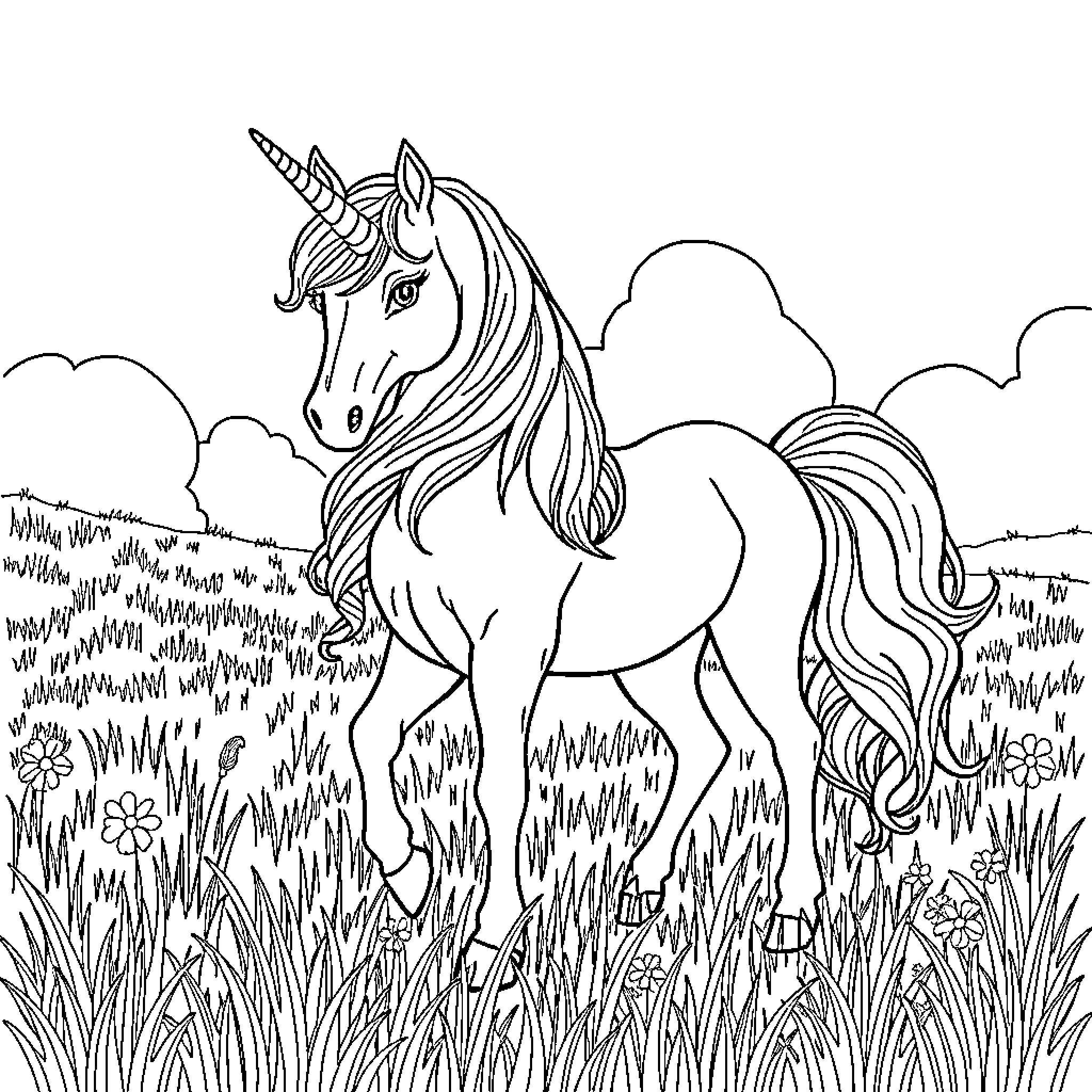 Unicorn Grazing in a Magical Meadow Coloring Page (free black-and-white line drawing printable PDF for all, from beginners to advanced learners, including children, teens, adults, and seniors)
