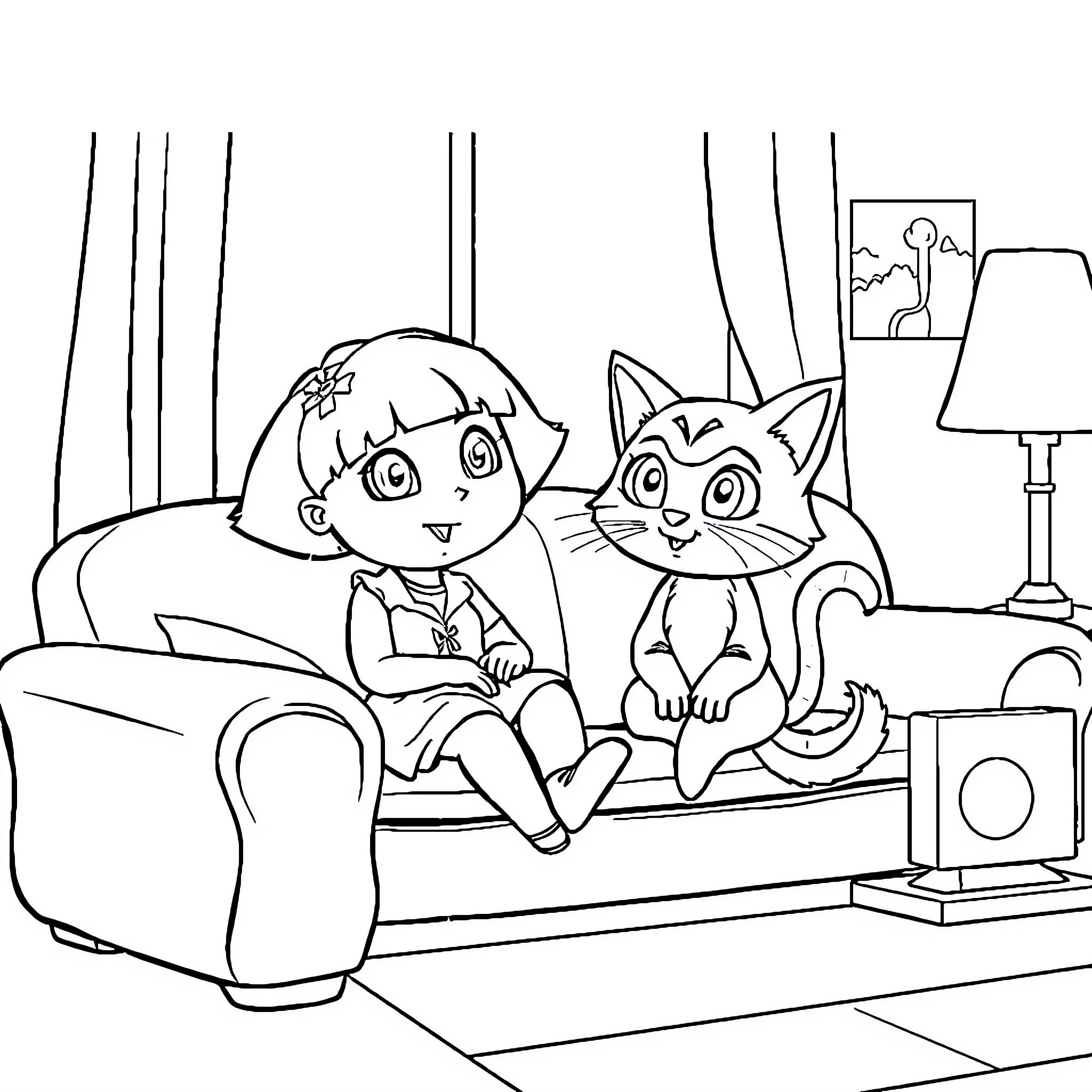 Dora and her cat friend relax at home Coloring Page (free black-and-white line drawing printable PDF for all, from beginners to advanced learners, including children, teens, adults, and seniors)