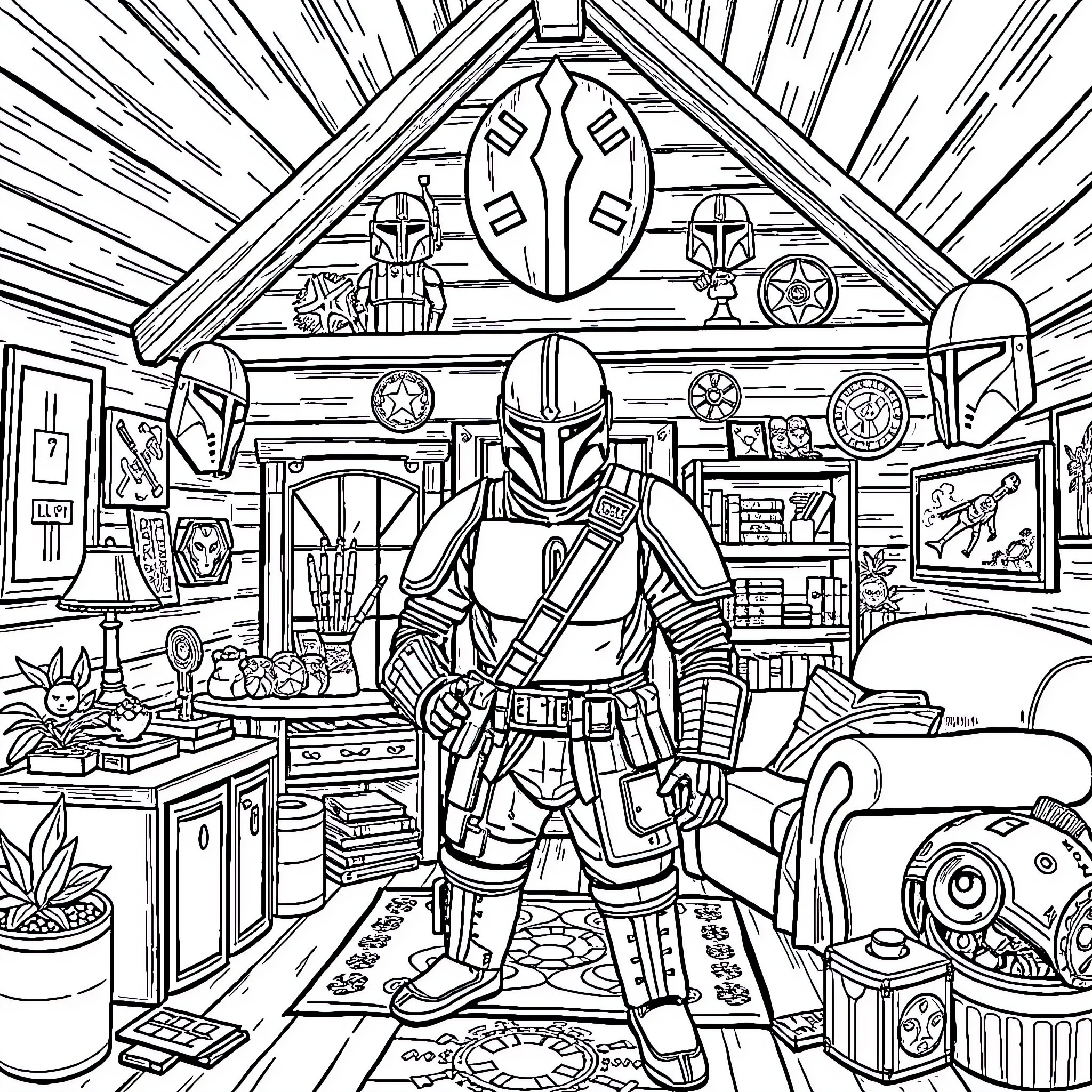 Mandalorian's Covert Stronghold Exploration Coloring Page (free black-and-white line drawing printable PDF for all, from beginners to advanced learners, including children, teens, adults, and seniors)