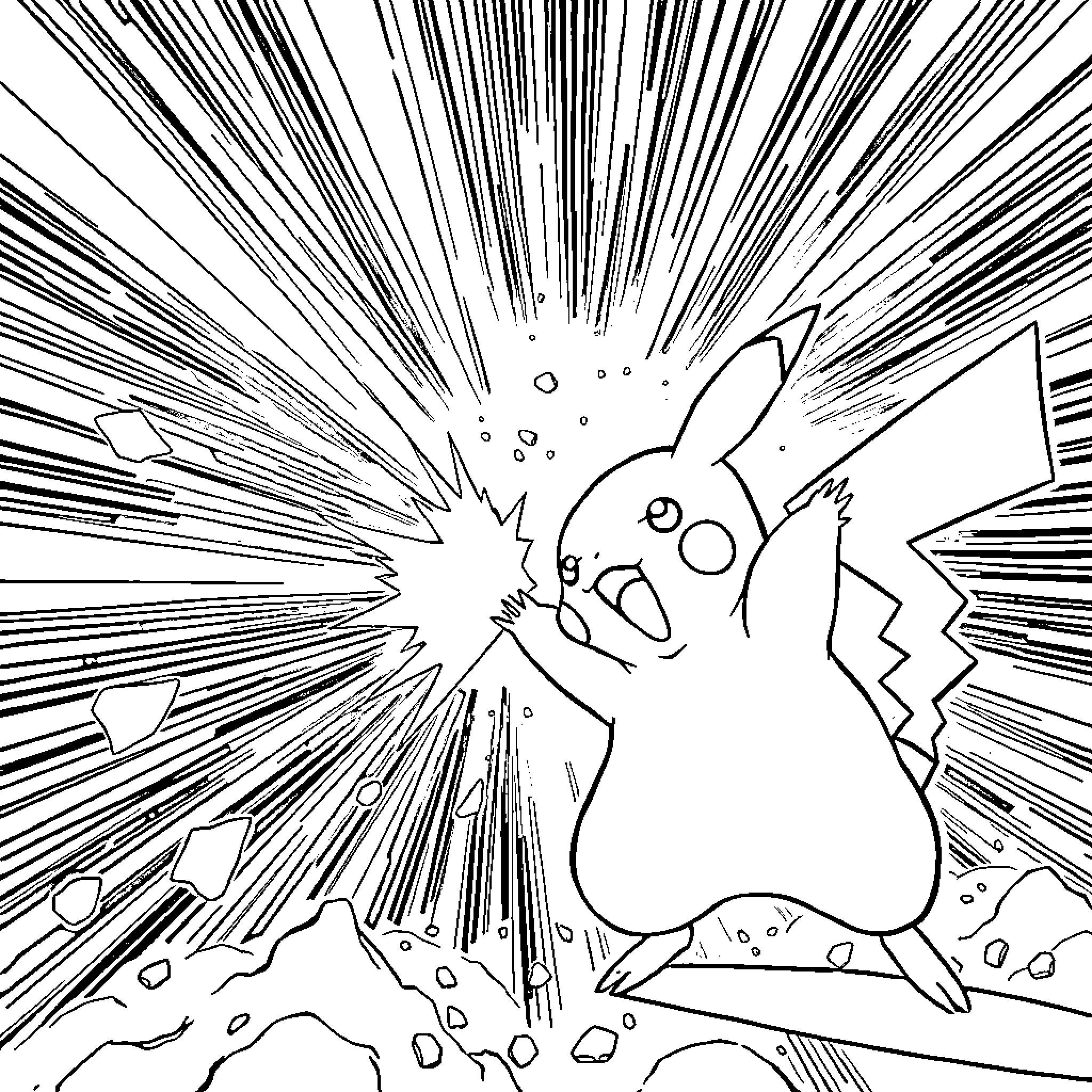 Pikachu's Explosive Adventure Coloring Page (free black-and-white line drawing printable PDF for all, from beginners to advanced learners, including children, teens, adults, and seniors)