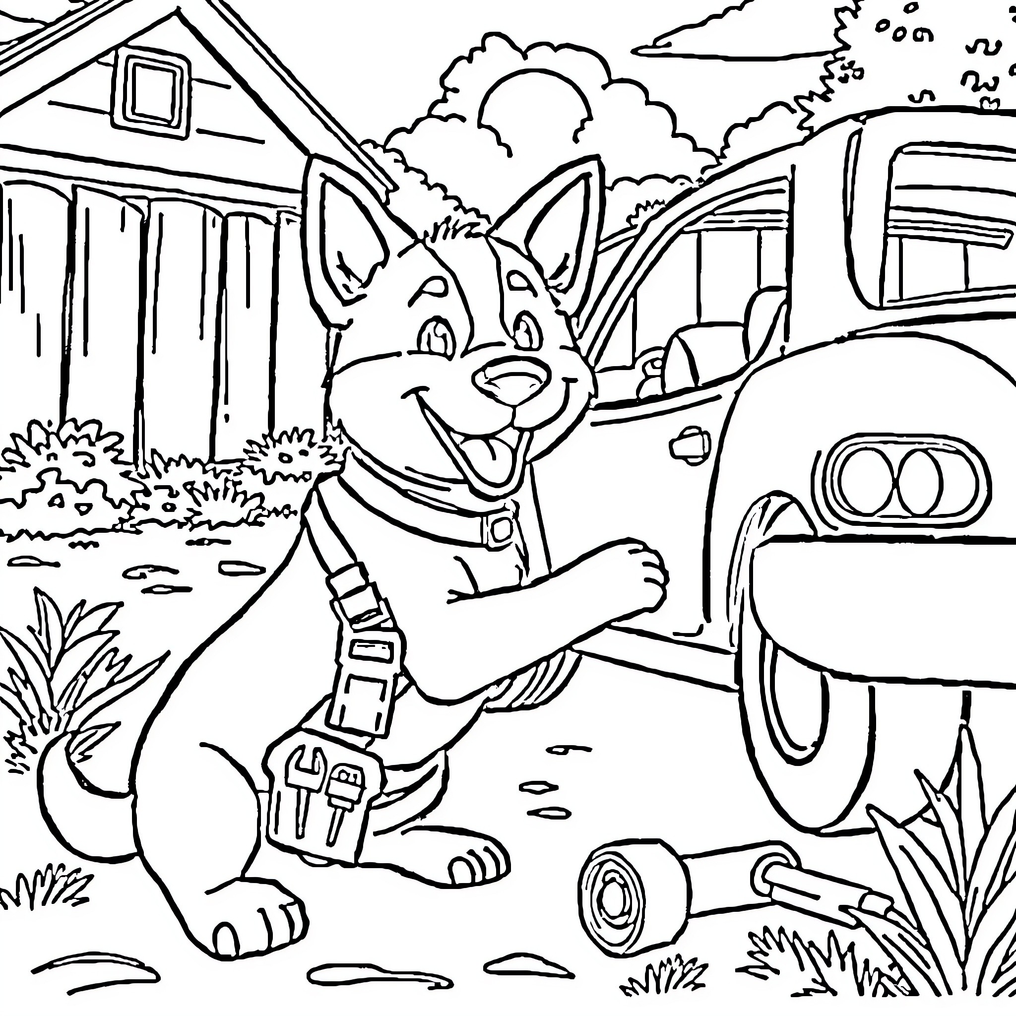 Dog exploring the outdoors near a house Coloring Page (free black-and-white line drawing printable PDF for all, from beginners to advanced learners, including children, teens, adults, and seniors)