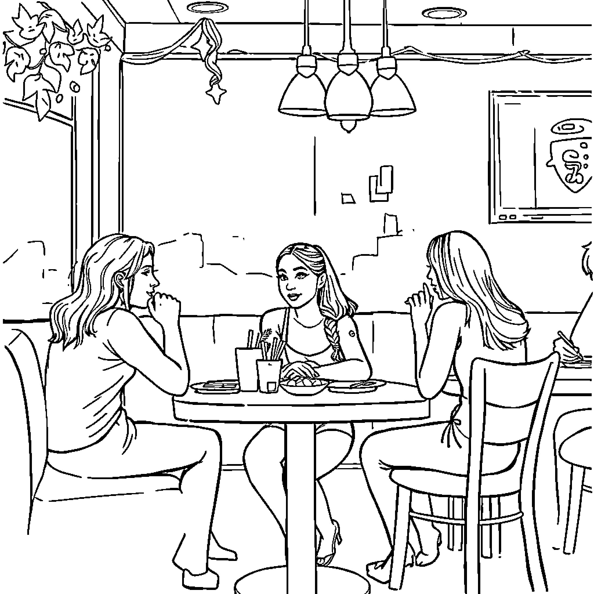 Ariana Grande and friends enjoying a meal at a cafe Coloring Page (free black-and-white line drawing printable PDF for all, from beginners to advanced learners, including children, teens, adults, and seniors)