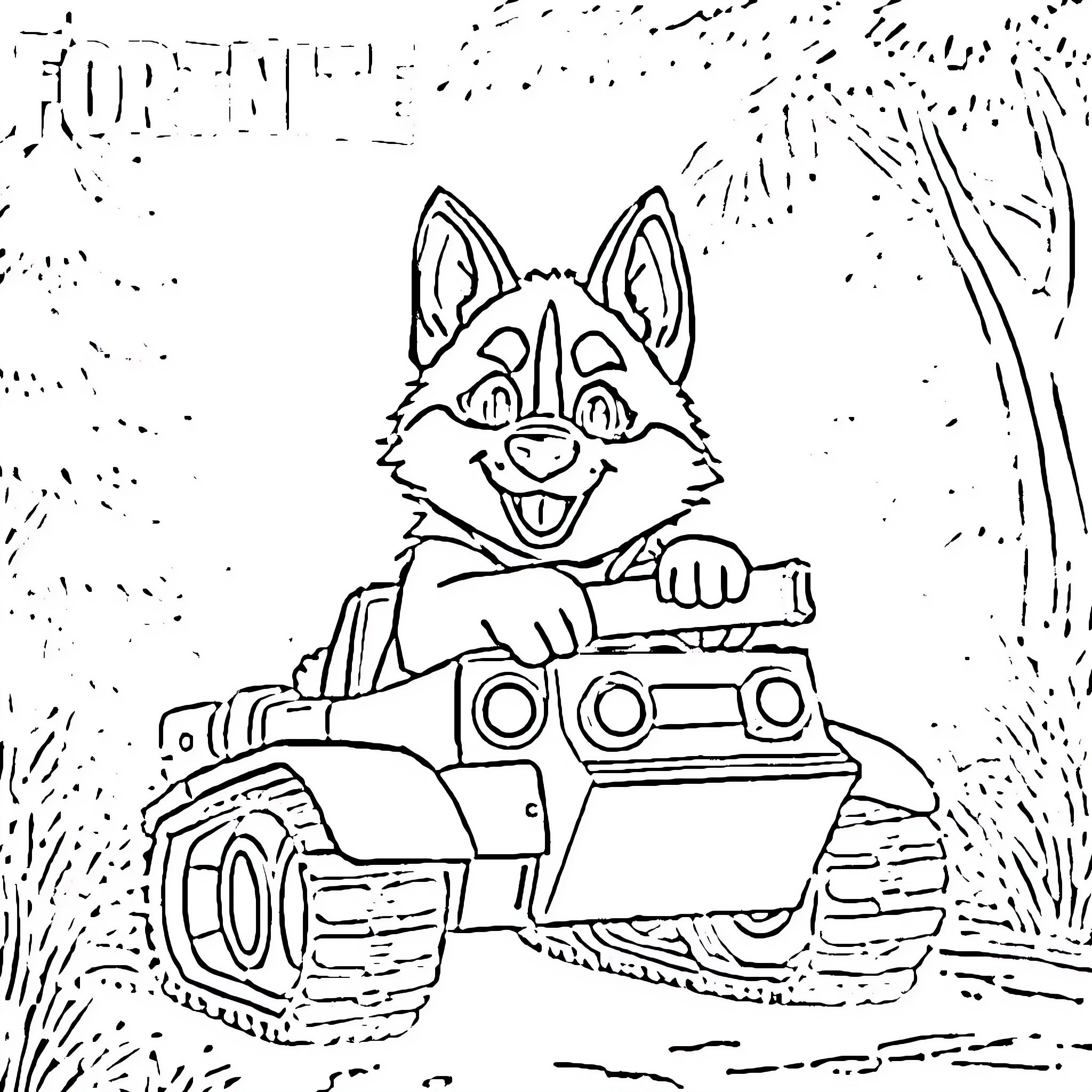 Husky Tank Commander Proudly Leads the Charge Coloring Page (free black-and-white line drawing printable PDF for all, from beginners to advanced learners, including children, teens, adults, and seniors)