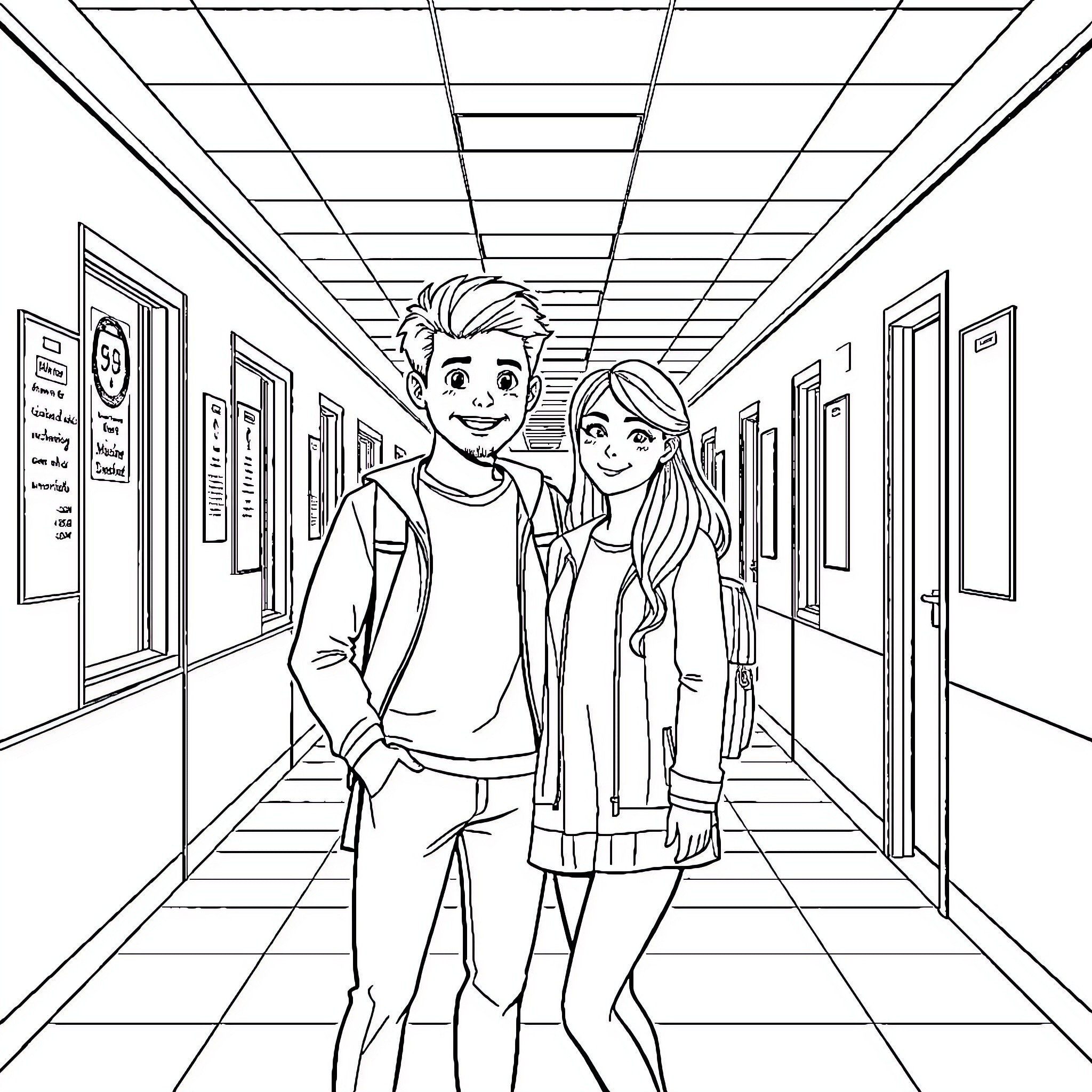 Magnus and Friend in Hallway Coloring Page (free black-and-white line drawing printable PDF for all, from beginners to advanced learners, including children, teens, adults, and seniors)