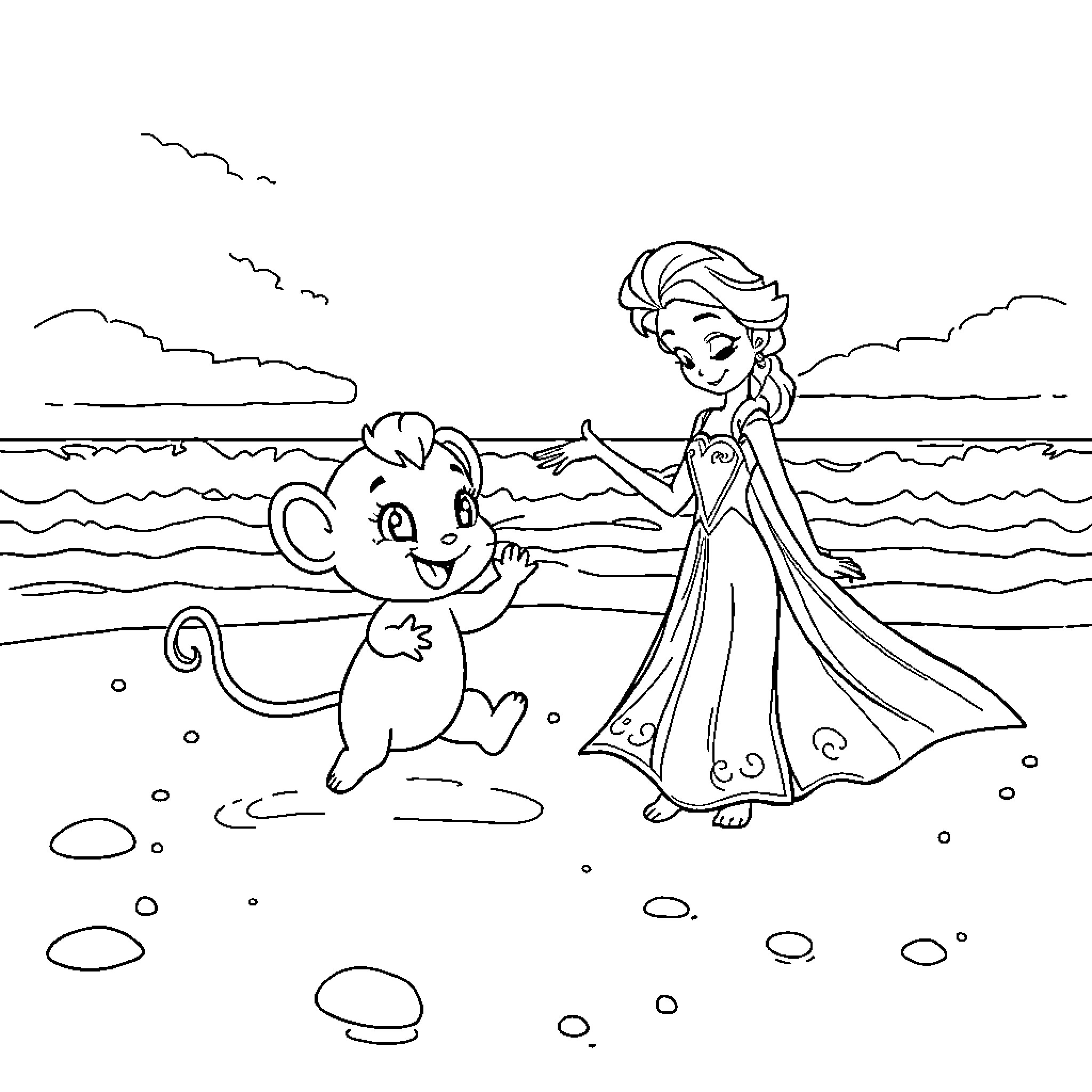 Blui's Beachy Adventure with a Playful Companion Coloring Page (free black-and-white line drawing printable PDF for all, from beginners to advanced learners, including children, teens, adults, and seniors)